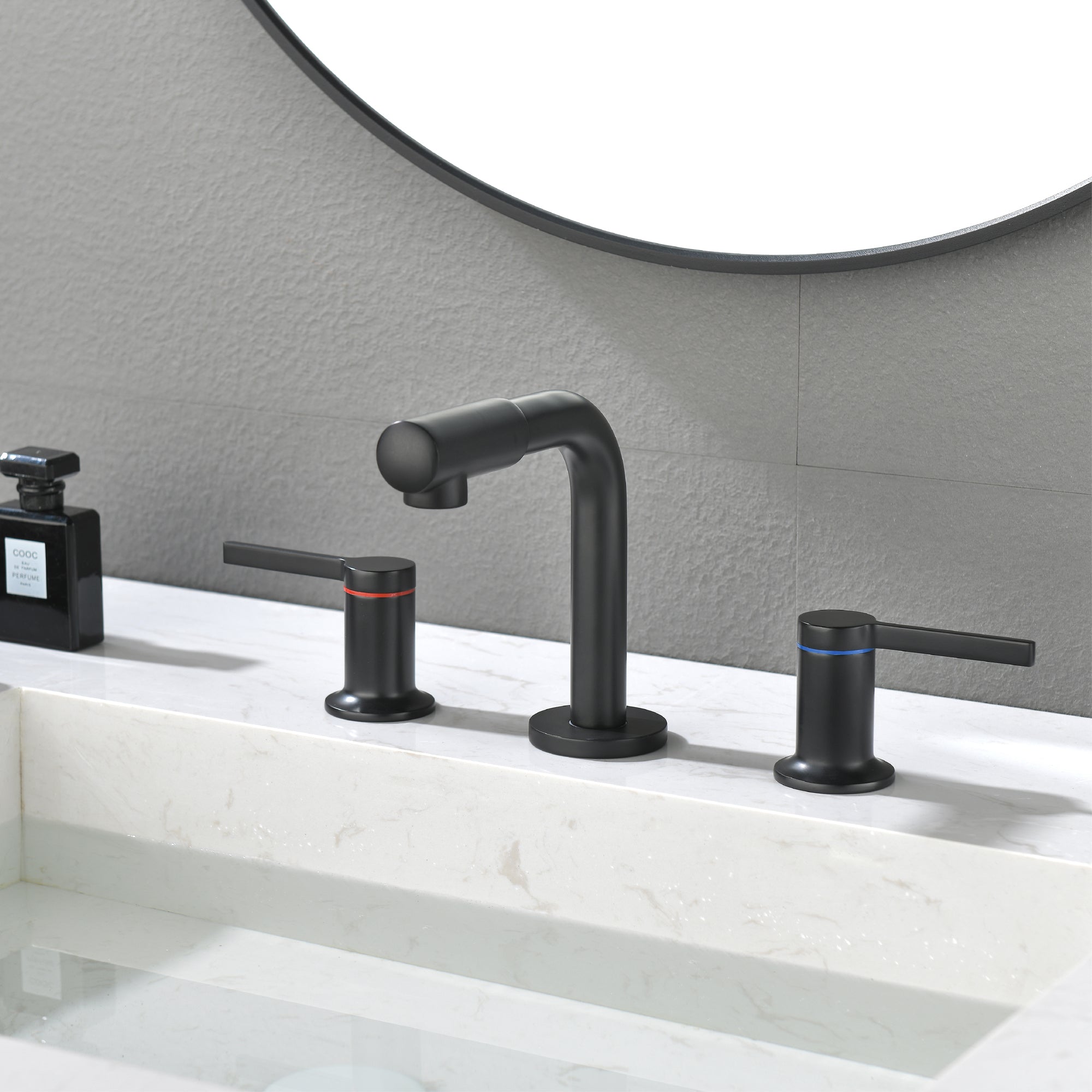 Widespread Bathroom Faucet with 360 Degree Swivel Nozzle and Spout 2 Unique Knob Handles Bathroom Sink Faucet 3 Hole