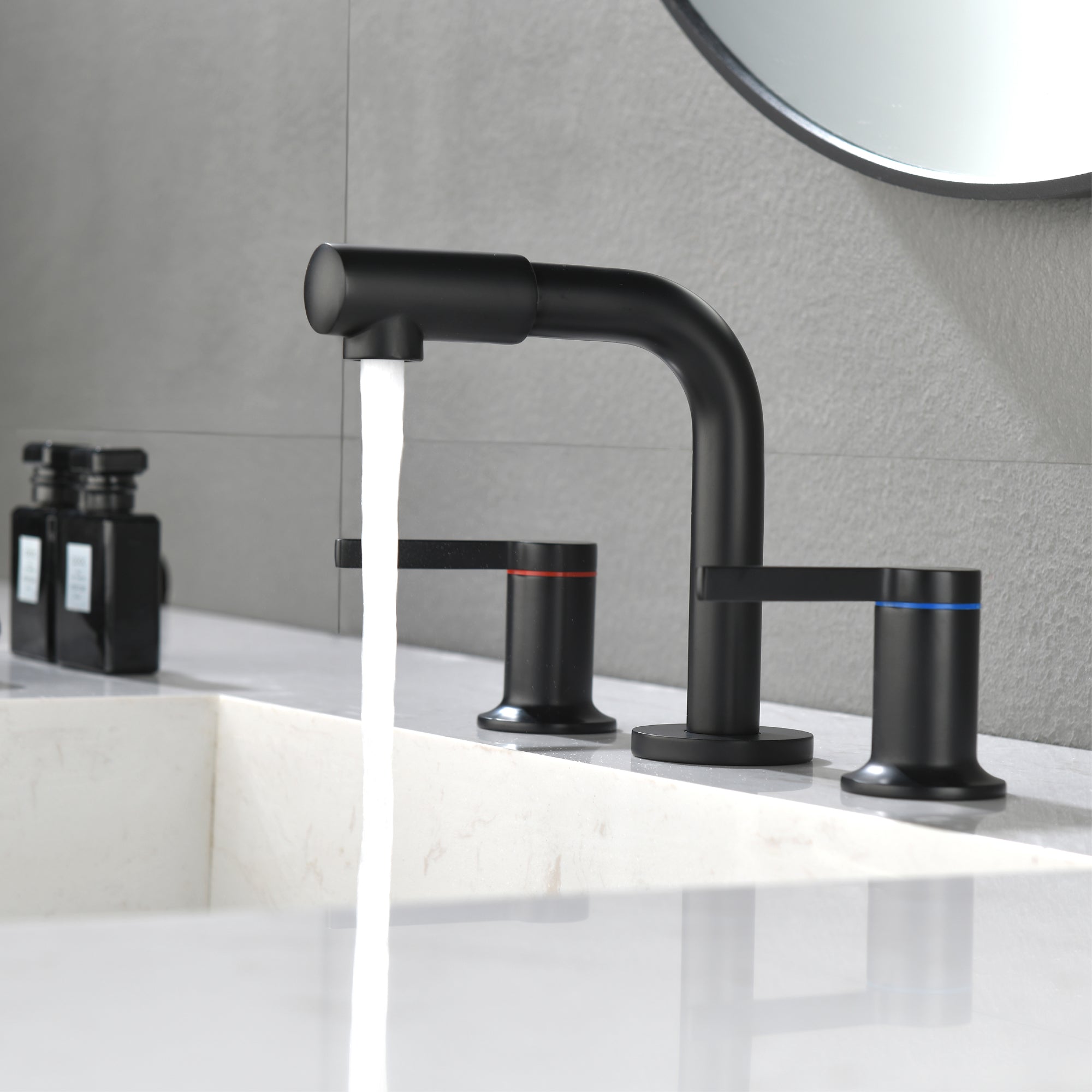 Widespread Bathroom Faucet with 360 Degree Swivel Nozzle and Spout 2 Unique Knob Handles Bathroom Sink Faucet 3 Hole