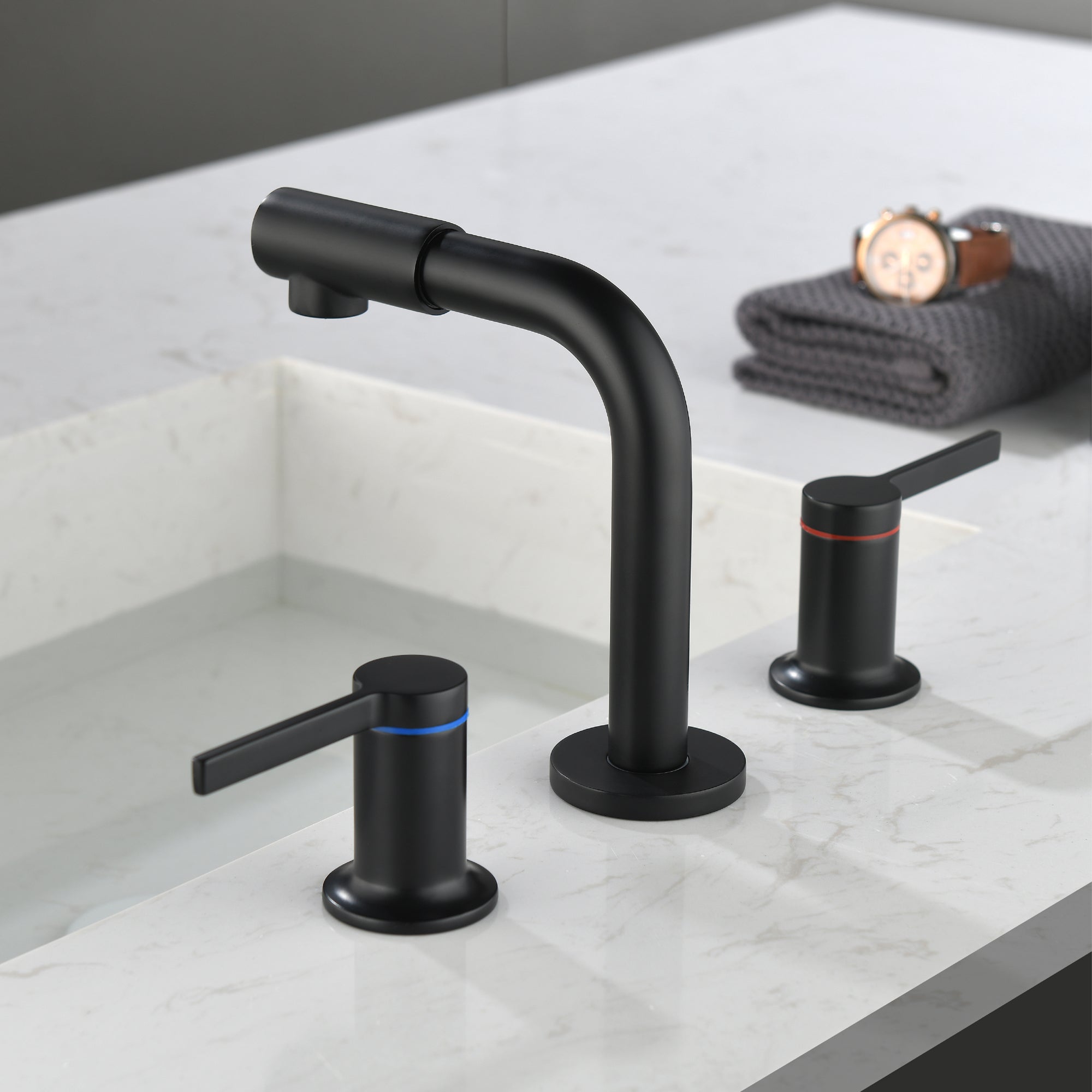 Widespread Bathroom Faucet with 360 Degree Swivel Nozzle and Spout 2 Unique Knob Handles Bathroom Sink Faucet 3 Hole