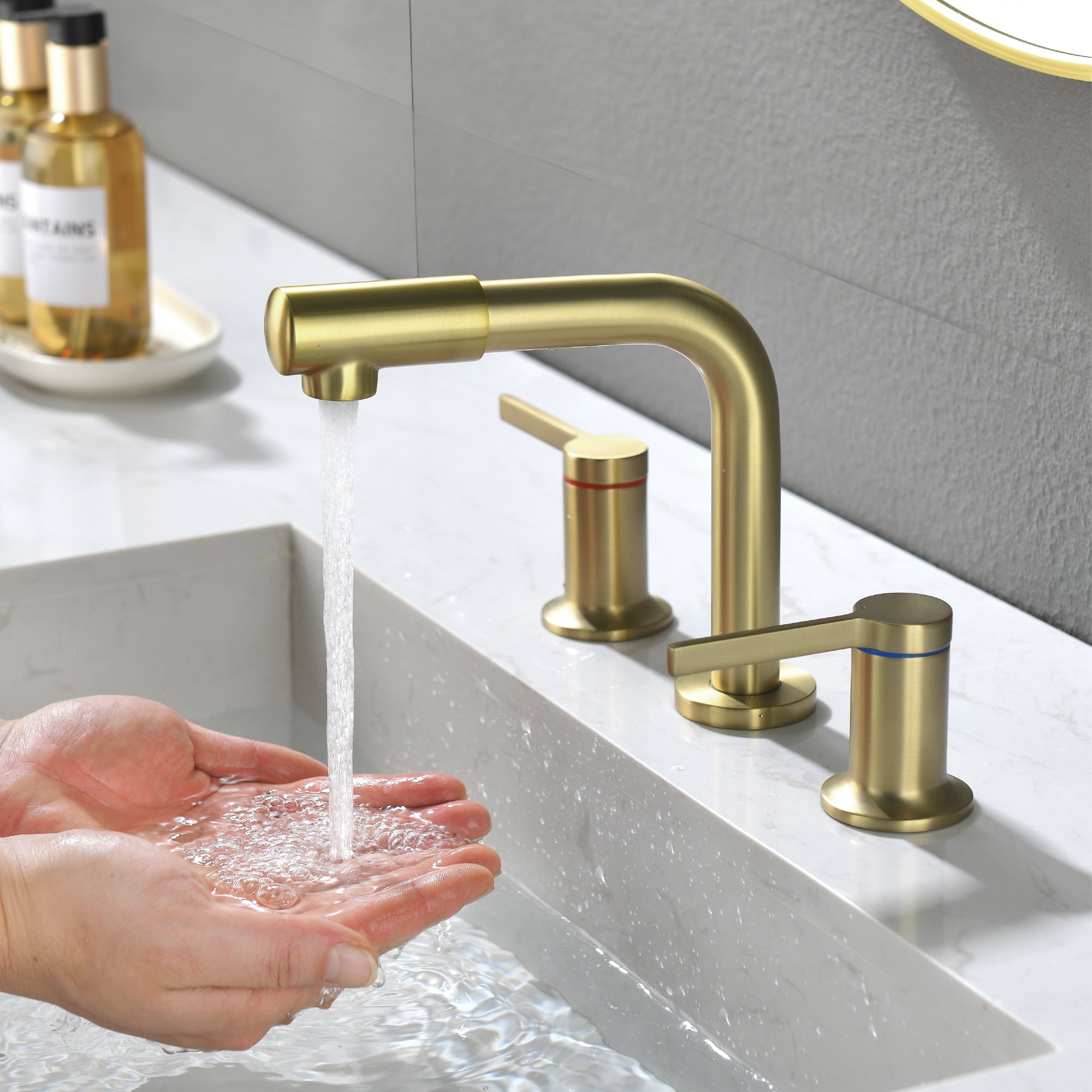 Widespread Bathroom Faucet with 360 Degree Swivel Nozzle and Spout 2 Unique Knob Handles Bathroom Sink Faucet 3 Hole