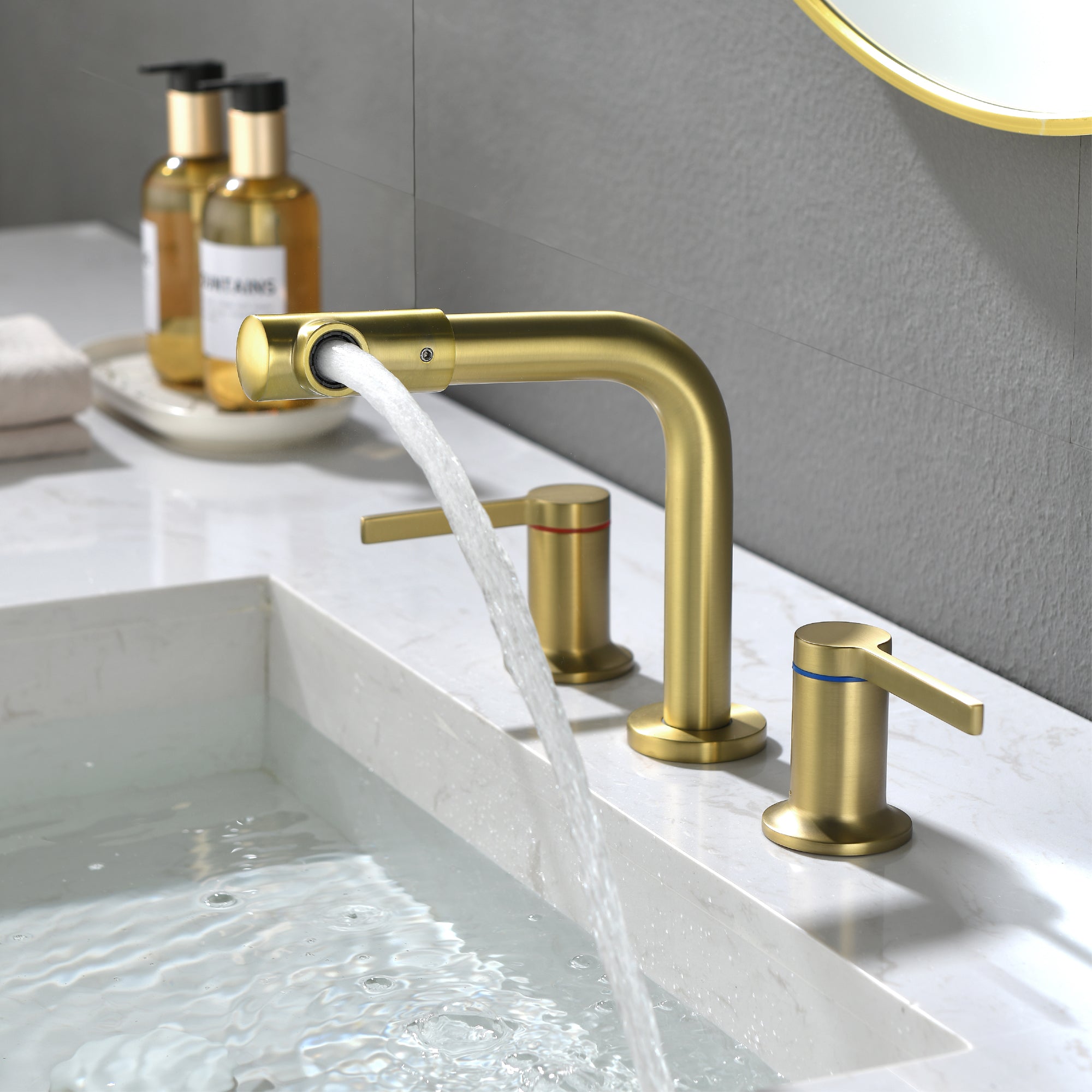 Widespread Bathroom Faucet with 360 Degree Swivel Nozzle and Spout 2 Unique Knob Handles Bathroom Sink Faucet 3 Hole