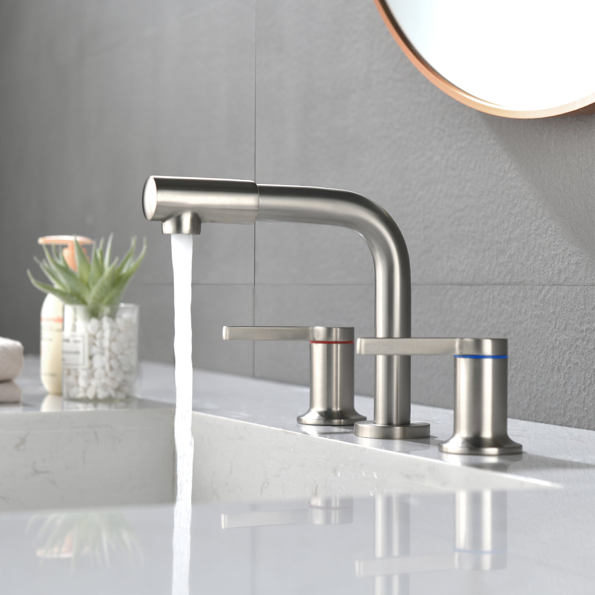 Widespread Bathroom Faucet with 360 Degree Swivel Nozzle and Spout 2 Unique Knob Handles Bathroom Sink Faucet 3 Hole