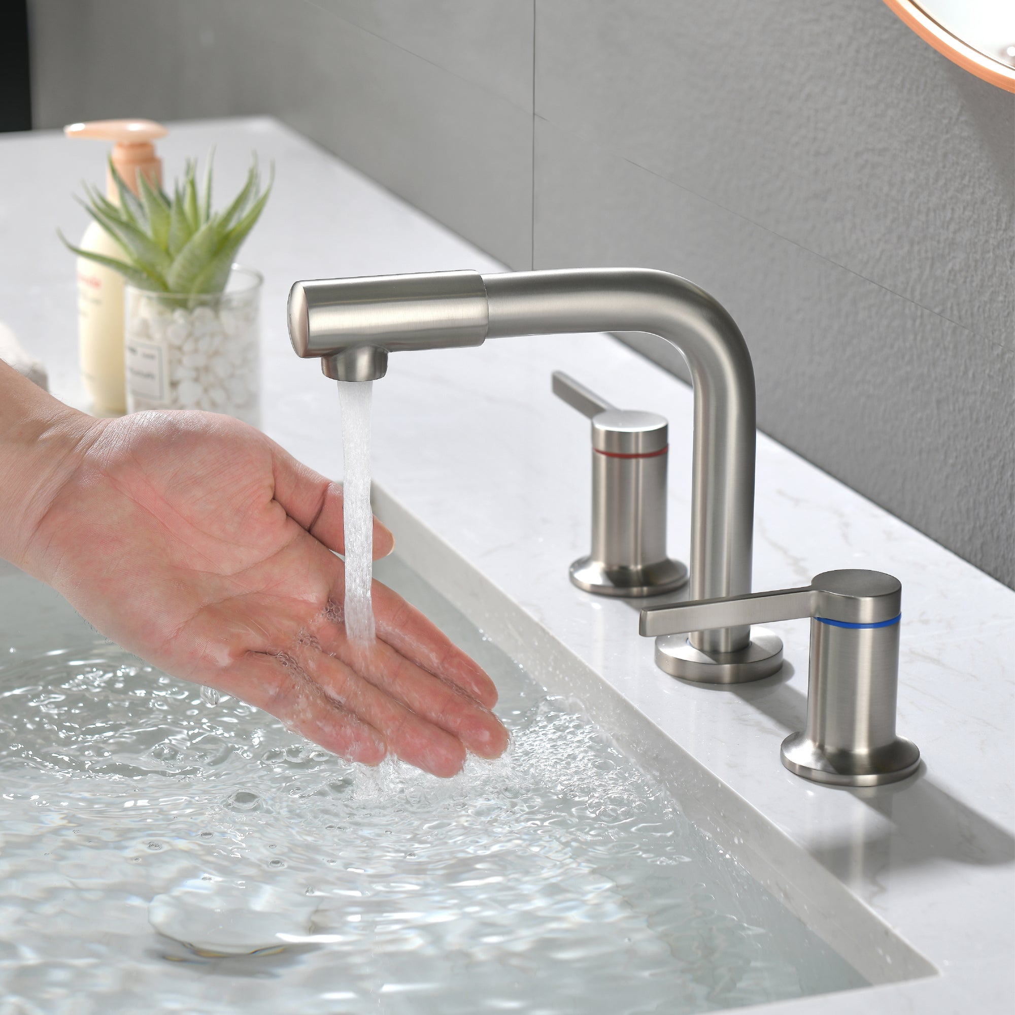 Widespread Bathroom Faucet with 360 Degree Swivel Nozzle and Spout 2 Unique Knob Handles Bathroom Sink Faucet 3 Hole
