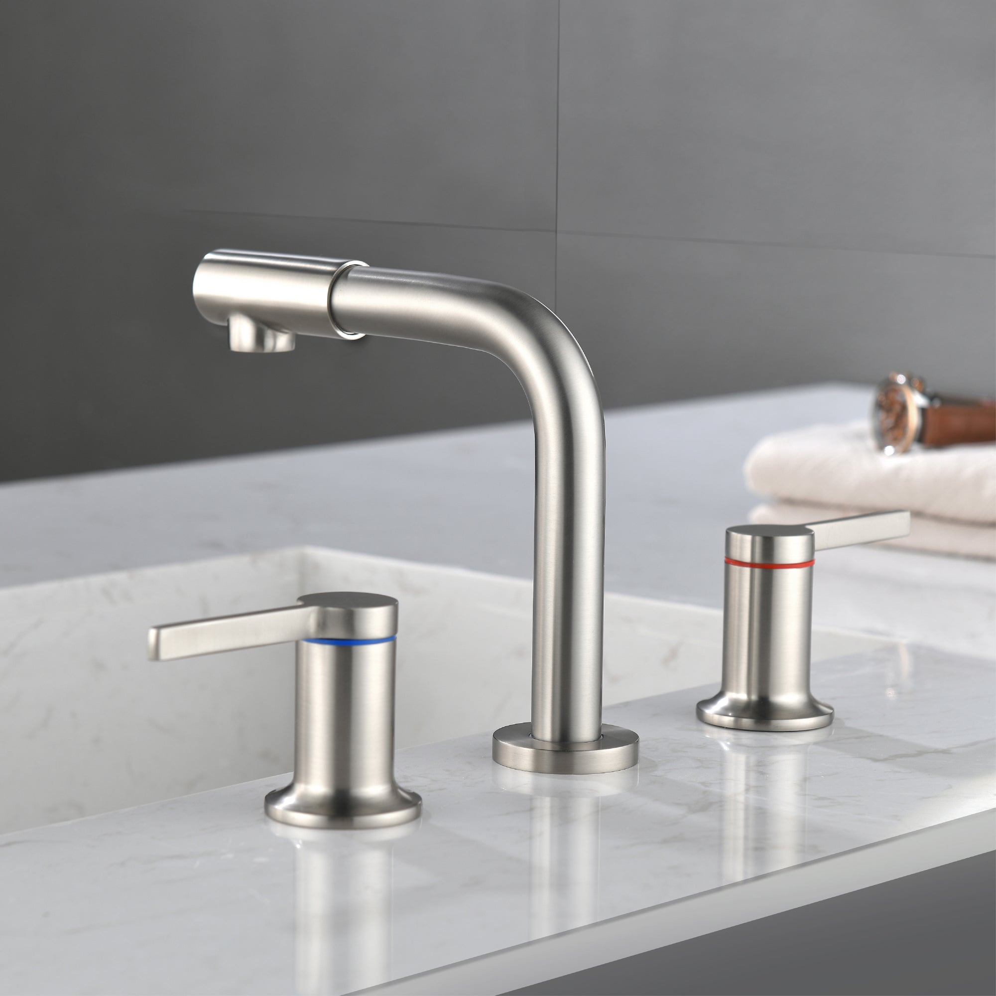 Widespread Bathroom Faucet with 360 Degree Swivel Nozzle and Spout 2 Unique Knob Handles Bathroom Sink Faucet 3 Hole