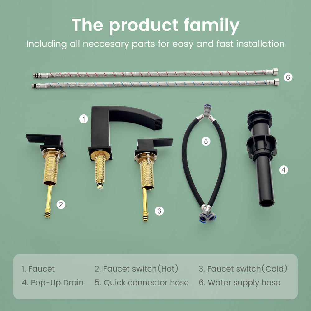 Waterfall Bathroom Faucet 3 Holes Widespread Bathroom Sink Faucet | Two Handles Lavatory Vanity Sink Faucets with Pop-up Drain Assembly & Supply Lines