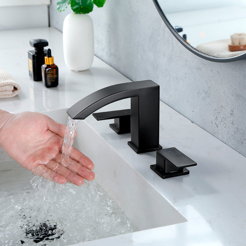 Waterfall Bathroom Faucet 3 Holes Widespread Bathroom Sink Faucet | Two Handles Lavatory Vanity Sink Faucets with Pop-up Drain Assembly & Supply Lines