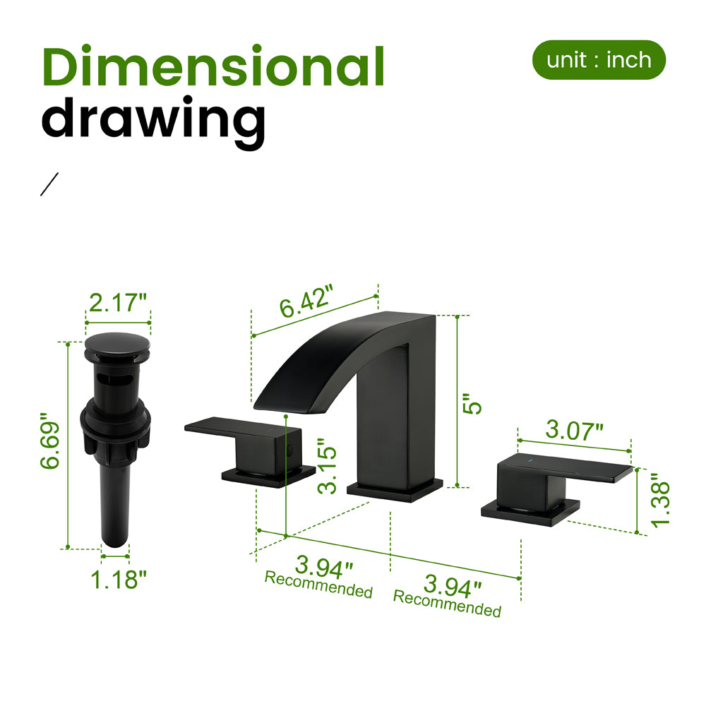 Waterfall Bathroom Faucet 3 Holes Widespread Bathroom Sink Faucet | Two Handles Lavatory Vanity Sink Faucets with Pop-up Drain Assembly & Supply Lines