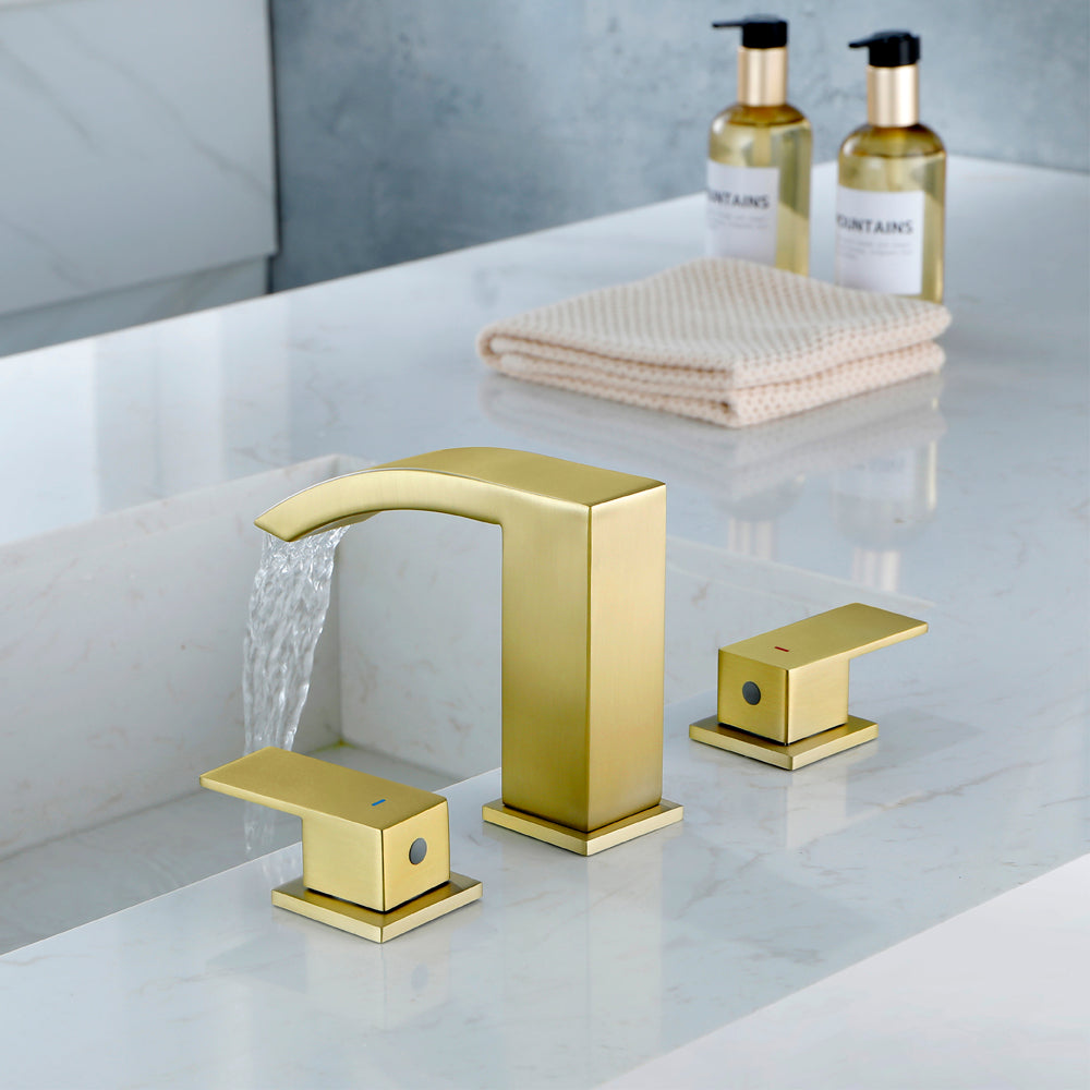 Waterfall Bathroom Faucet 3 Holes Widespread Bathroom Sink Faucet | Two Handles Lavatory Vanity Sink Faucets with Pop-up Drain Assembly & Supply Lines