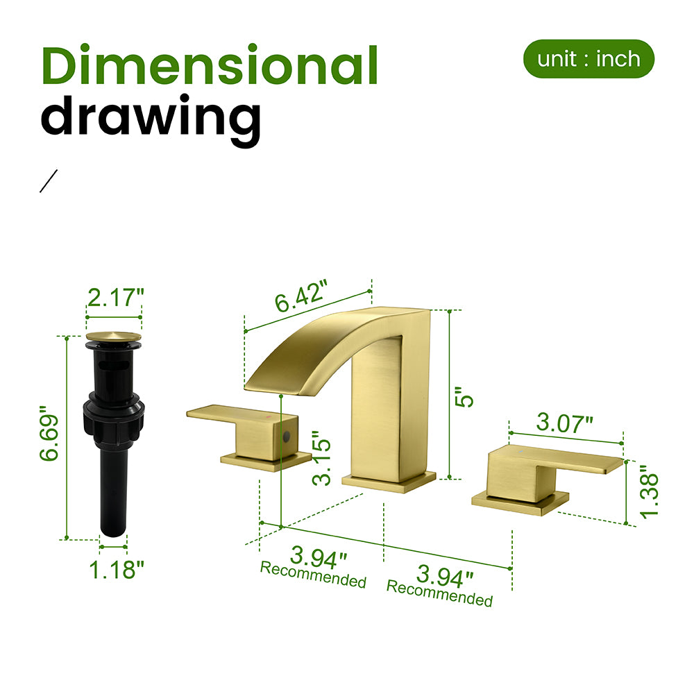 Waterfall Bathroom Faucet 3 Holes Widespread Bathroom Sink Faucet | Two Handles Lavatory Vanity Sink Faucets with Pop-up Drain Assembly & Supply Lines
