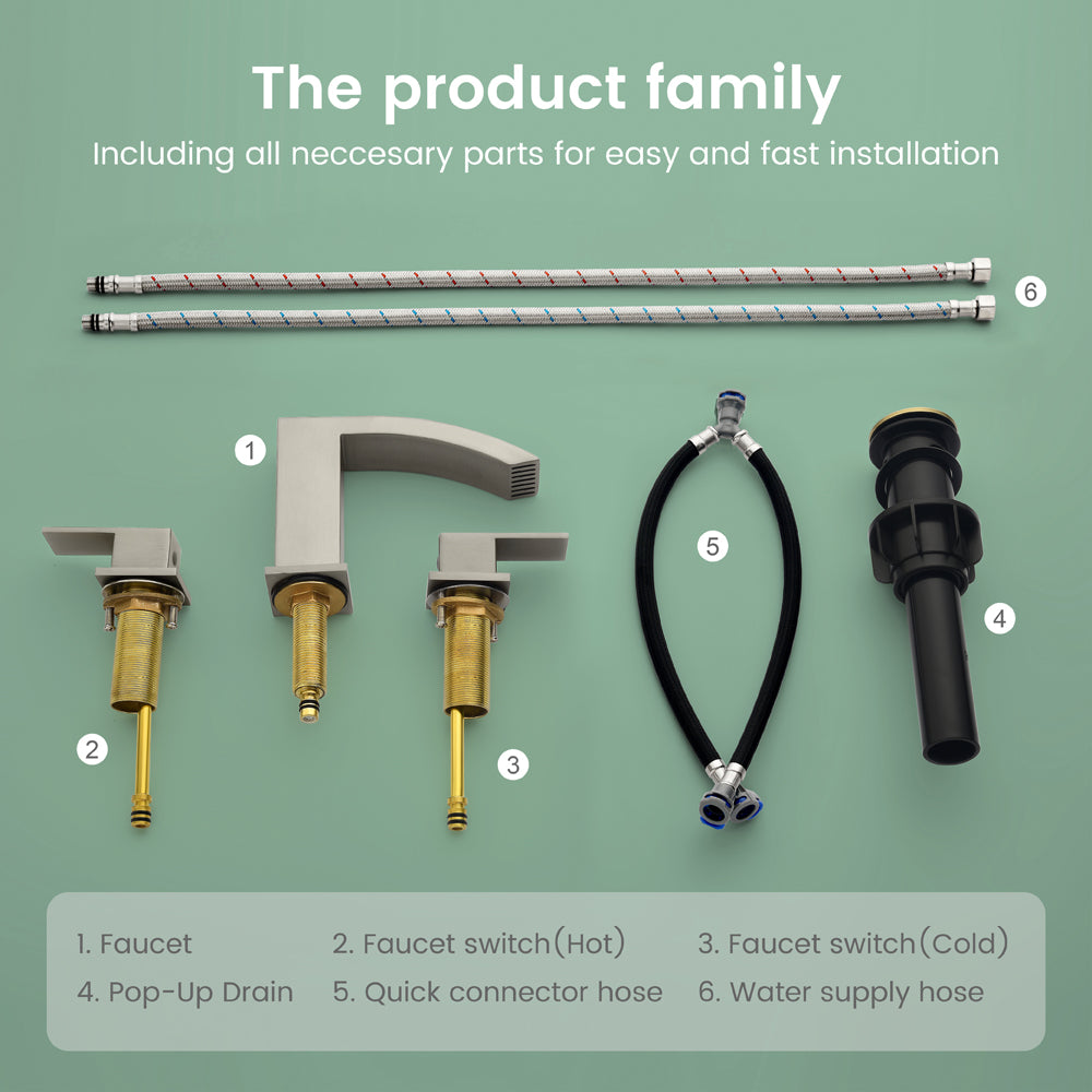 Waterfall Bathroom Faucet 3 Holes Widespread Bathroom Sink Faucet | Two Handles Lavatory Vanity Sink Faucets with Pop-up Drain Assembly & Supply Lines