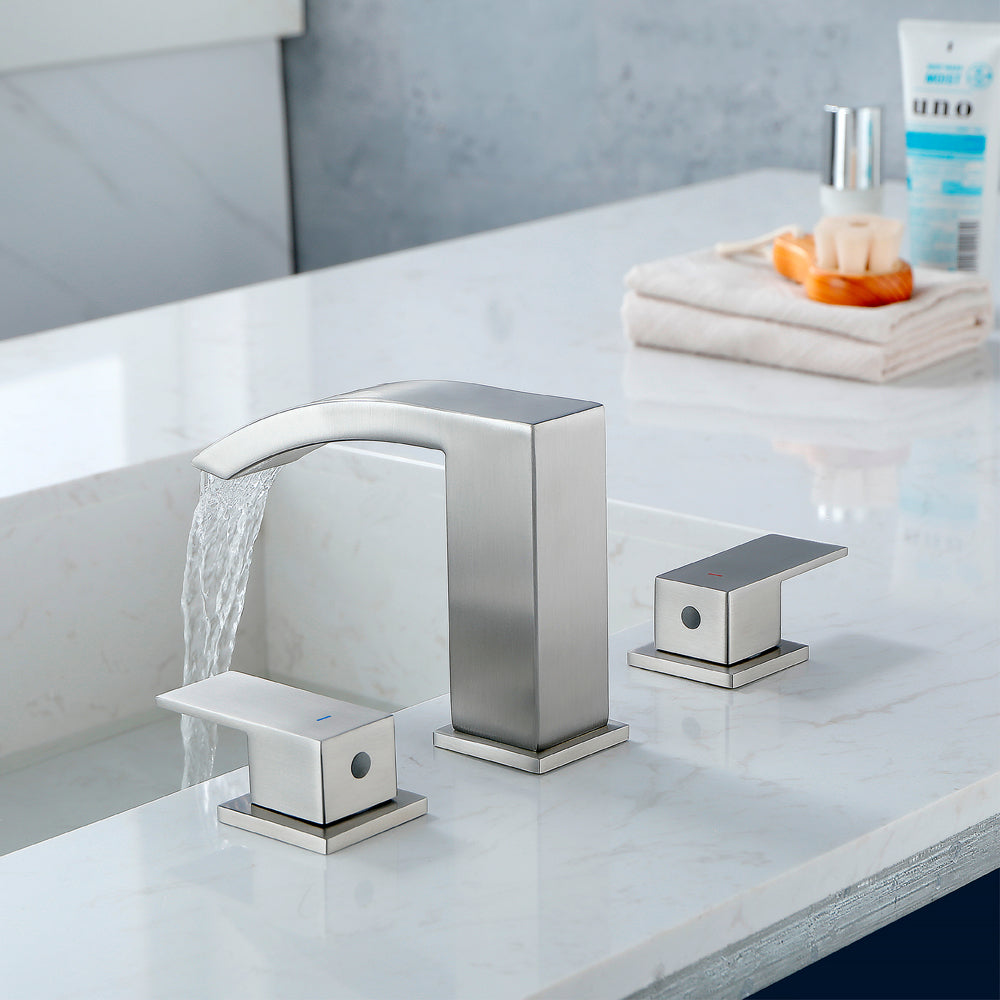 Waterfall Bathroom Faucet 3 Holes Widespread Bathroom Sink Faucet | Two Handles Lavatory Vanity Sink Faucets with Pop-up Drain Assembly & Supply Lines