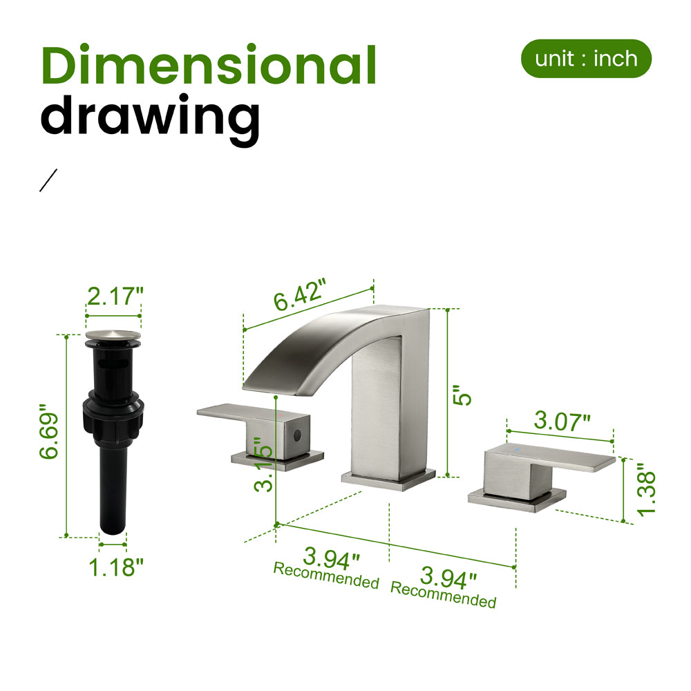 Waterfall Bathroom Faucet 3 Holes Widespread Bathroom Sink Faucet | Two Handles Lavatory Vanity Sink Faucets with Pop-up Drain Assembly & Supply Lines