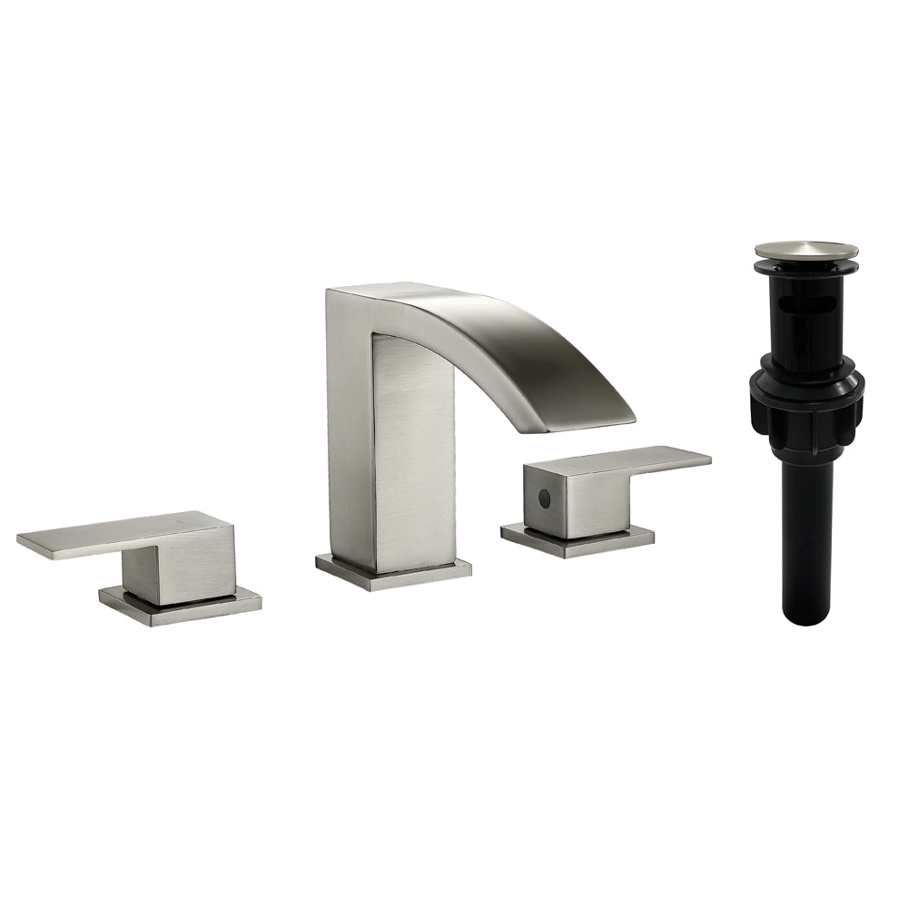 Waterfall Bathroom Faucet 3 Holes Widespread Bathroom Sink Faucet | Two Handles Lavatory Vanity Sink Faucets with Pop-up Drain Assembly & Supply Lines