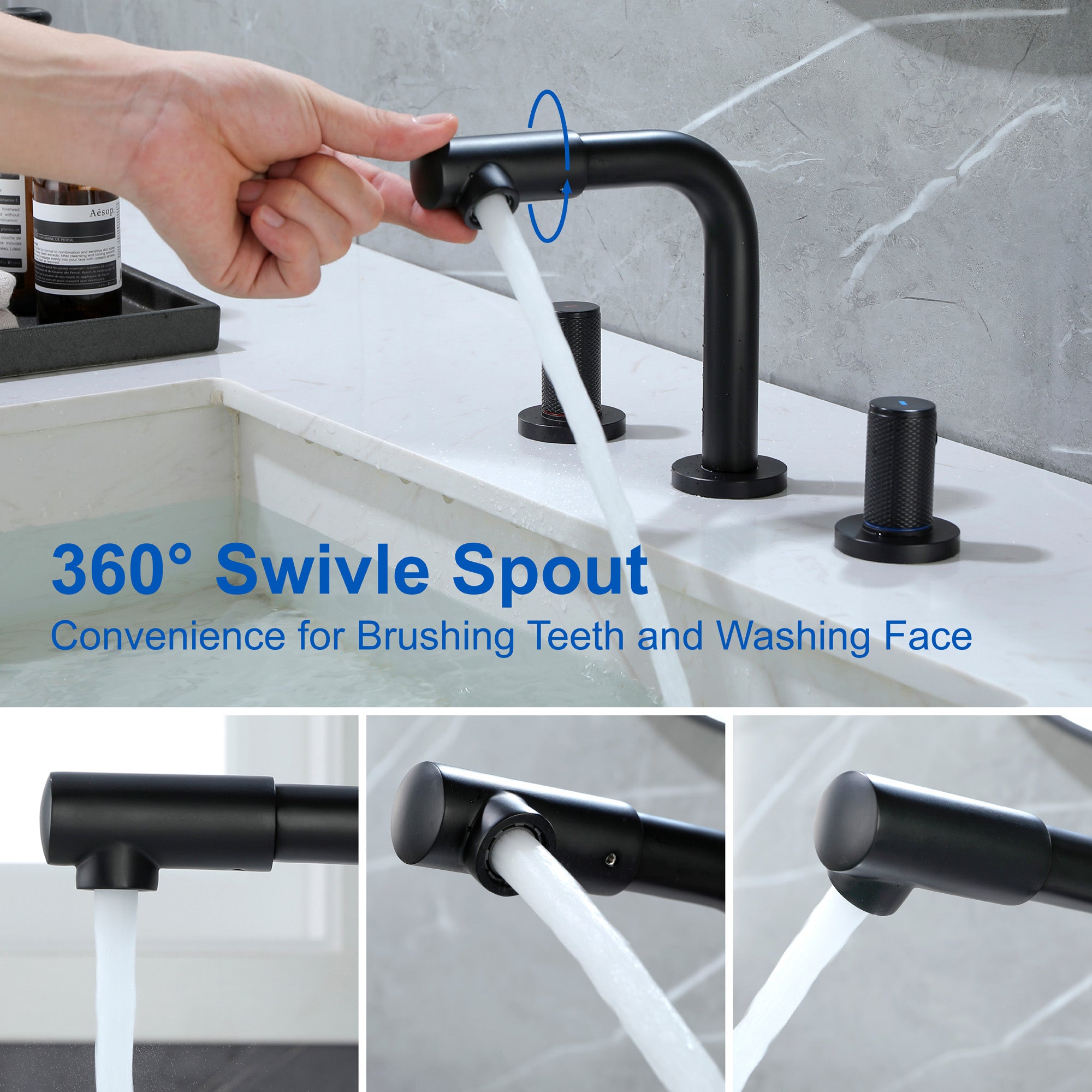 8 Inch Widespread Faucet with 360 Degree Swivel Nozzle and Spout, Modern 2 Unique Knob Handles