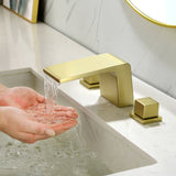 SHAMANDA Bathroom Basin Faucet 3 Holes 2 Square Handles Brushed Gold Sink Faucet