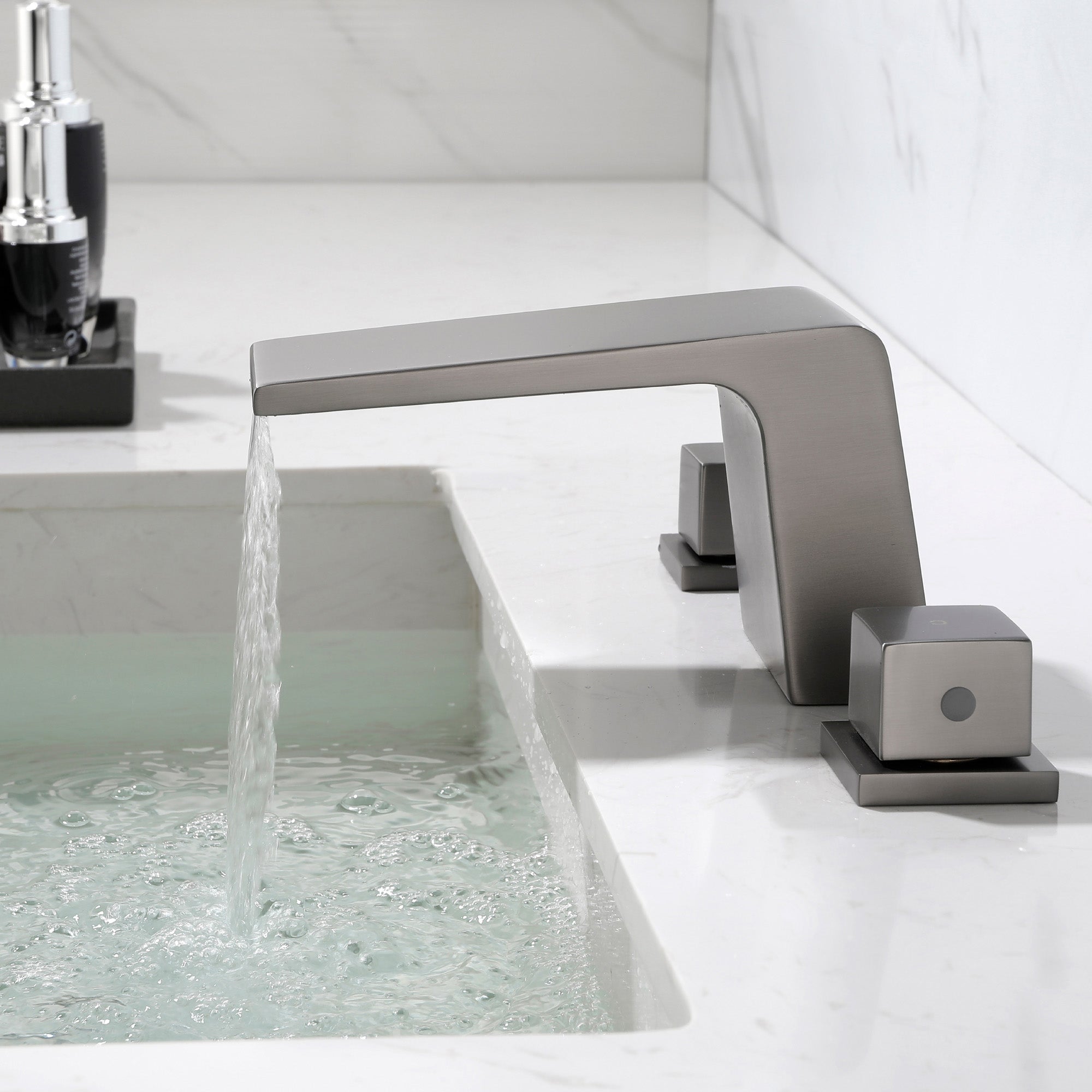 Waterfall Bathroom Faucet 3 Hole, 2 Square Handle Modern Widespread Rv Lavatory Sink Faucet with cUPC Water Supply Lines, Solid Brass,