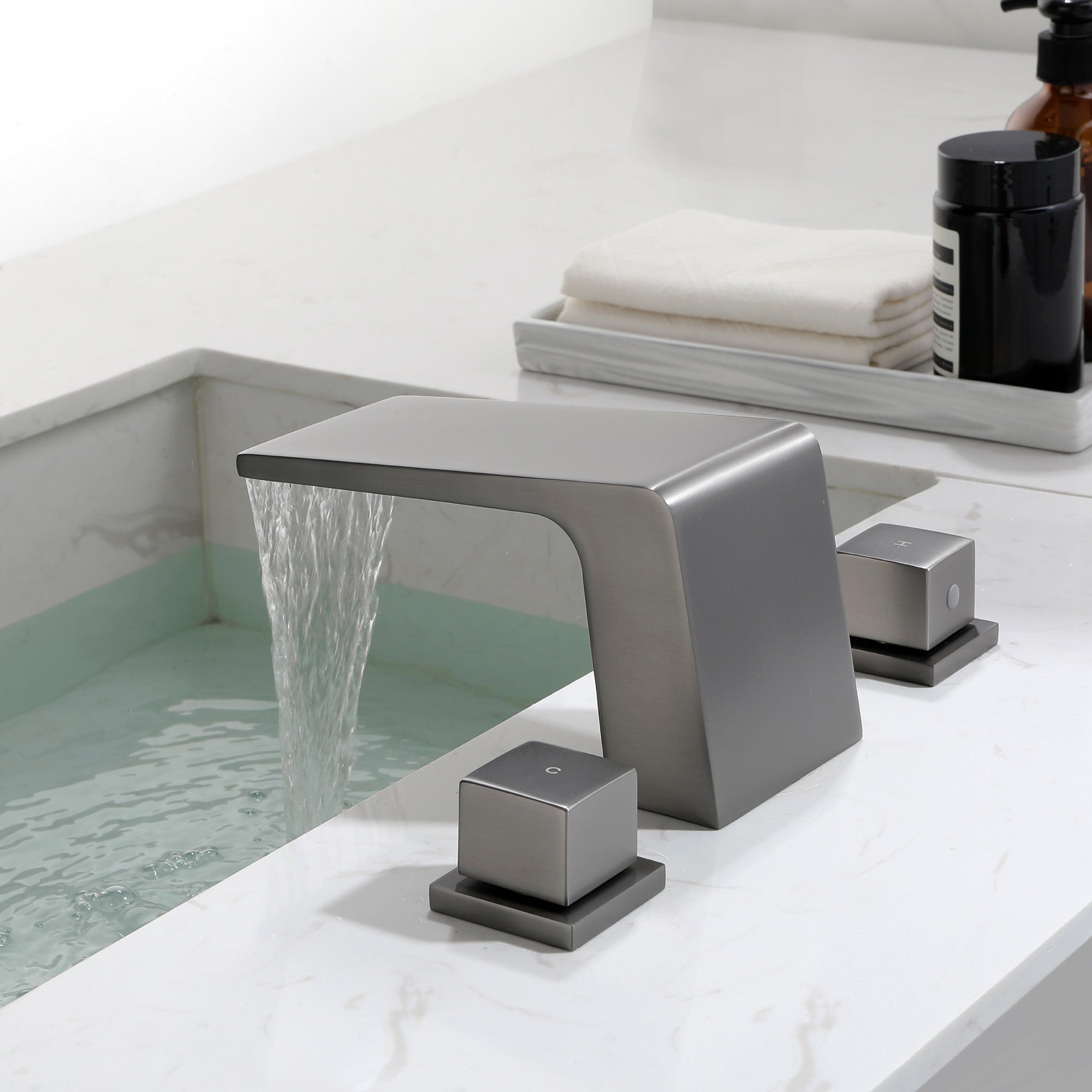 Waterfall Bathroom Faucet 3 Hole, 2 Square Handle Modern Widespread Rv Lavatory Sink Faucet with cUPC Water Supply Lines, Solid Brass,