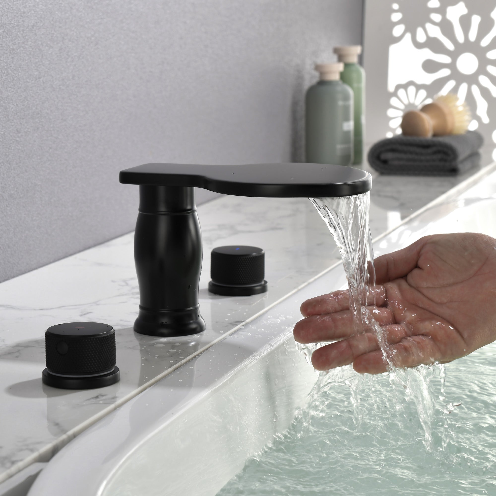 Waterfall Bathroom Tub Filler, Bathtub Faucet 3 Holes, Deck Mount Roman Tub Faucet