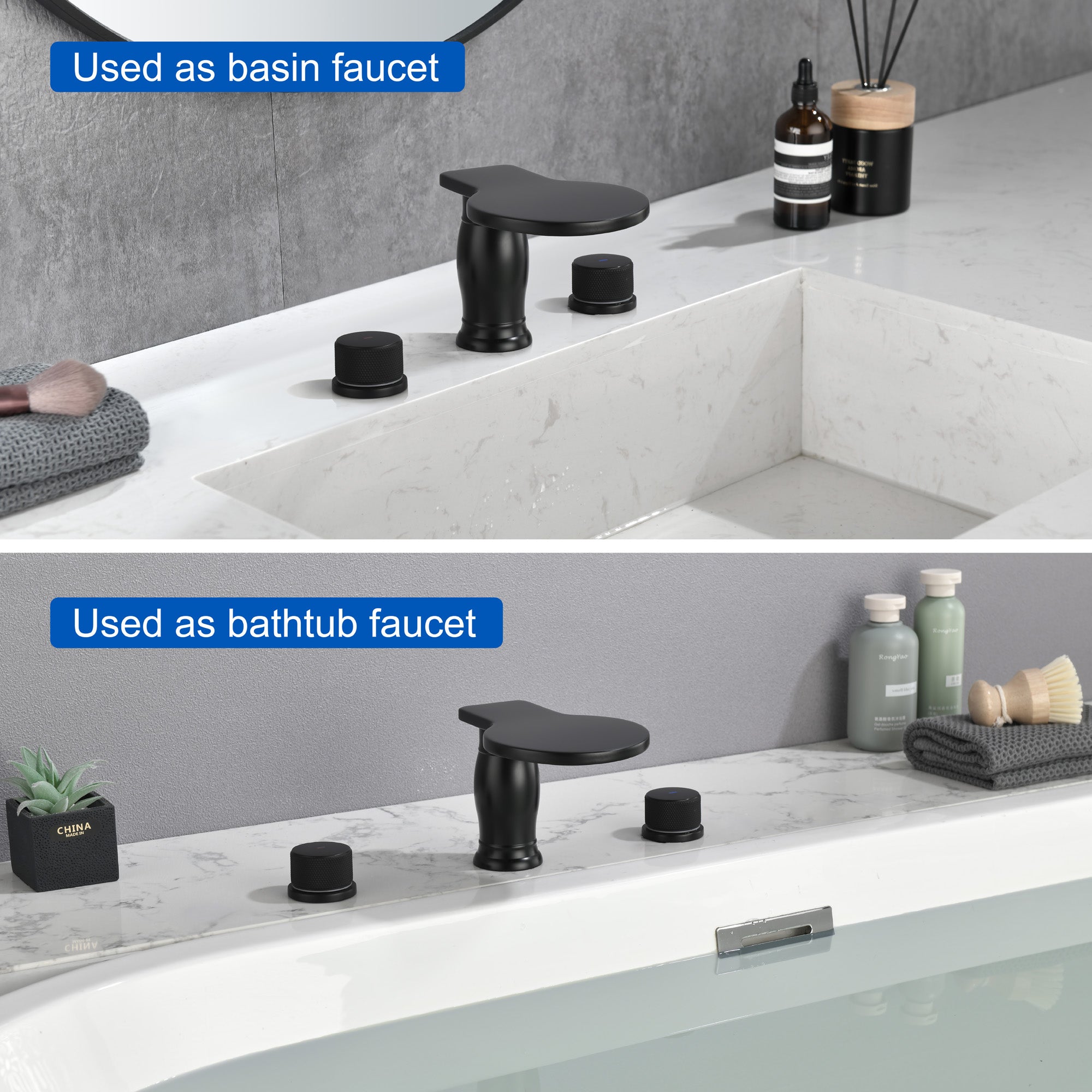 Waterfall Bathroom Tub Filler, Bathtub Faucet 3 Holes, Deck Mount Roman Tub Faucet