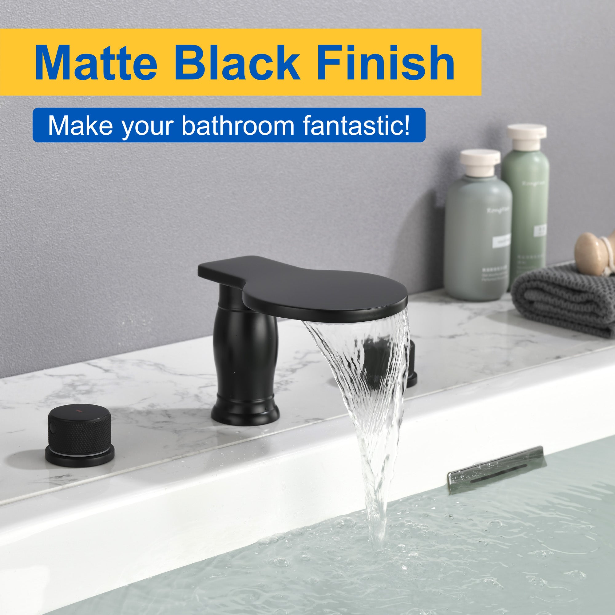 Waterfall Bathroom Tub Filler, Bathtub Faucet 3 Holes, Deck Mount Roman Tub Faucet