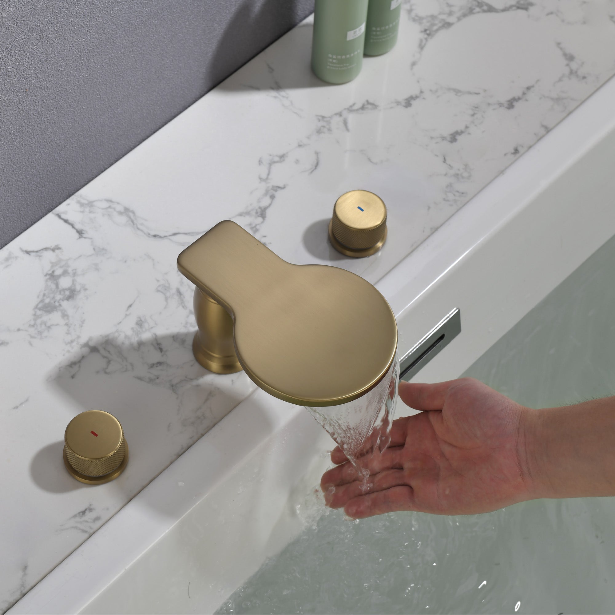 Waterfall Bathroom Tub Filler, Bathtub Faucet 3 Holes, Deck Mount Roman Tub Faucet