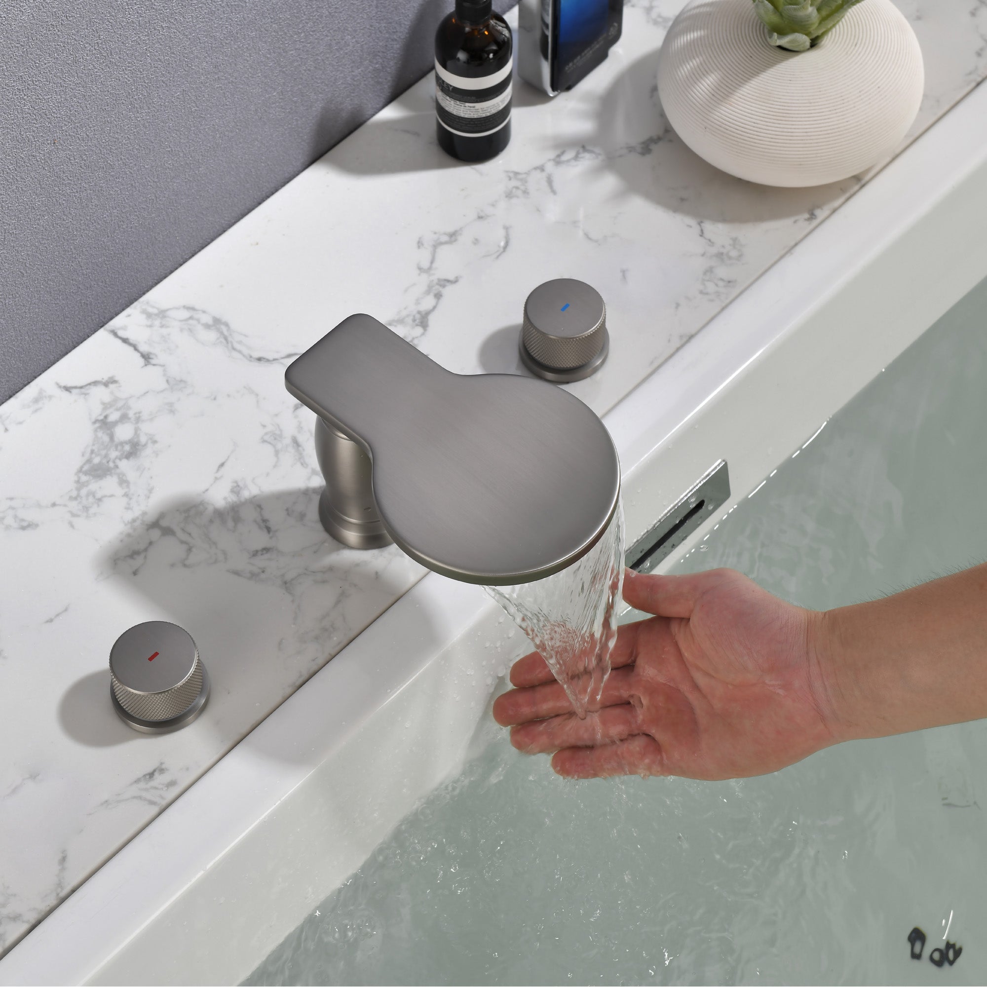 Waterfall Bathroom Tub Filler, Bathtub Faucet 3 Holes, Deck Mount Roman Tub Faucet