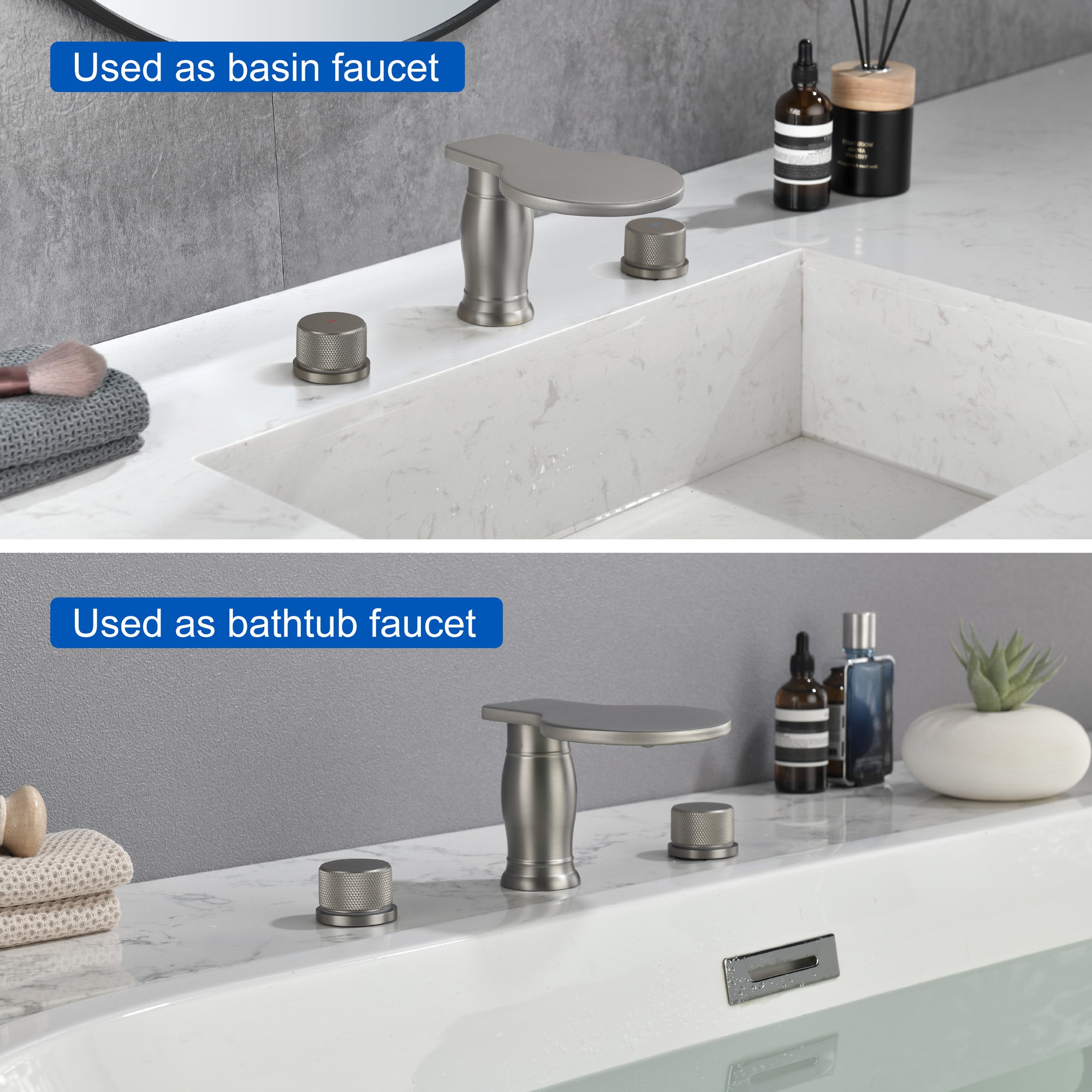 Waterfall Bathroom Tub Filler, Bathtub Faucet 3 Holes, Deck Mount Roman Tub Faucet
