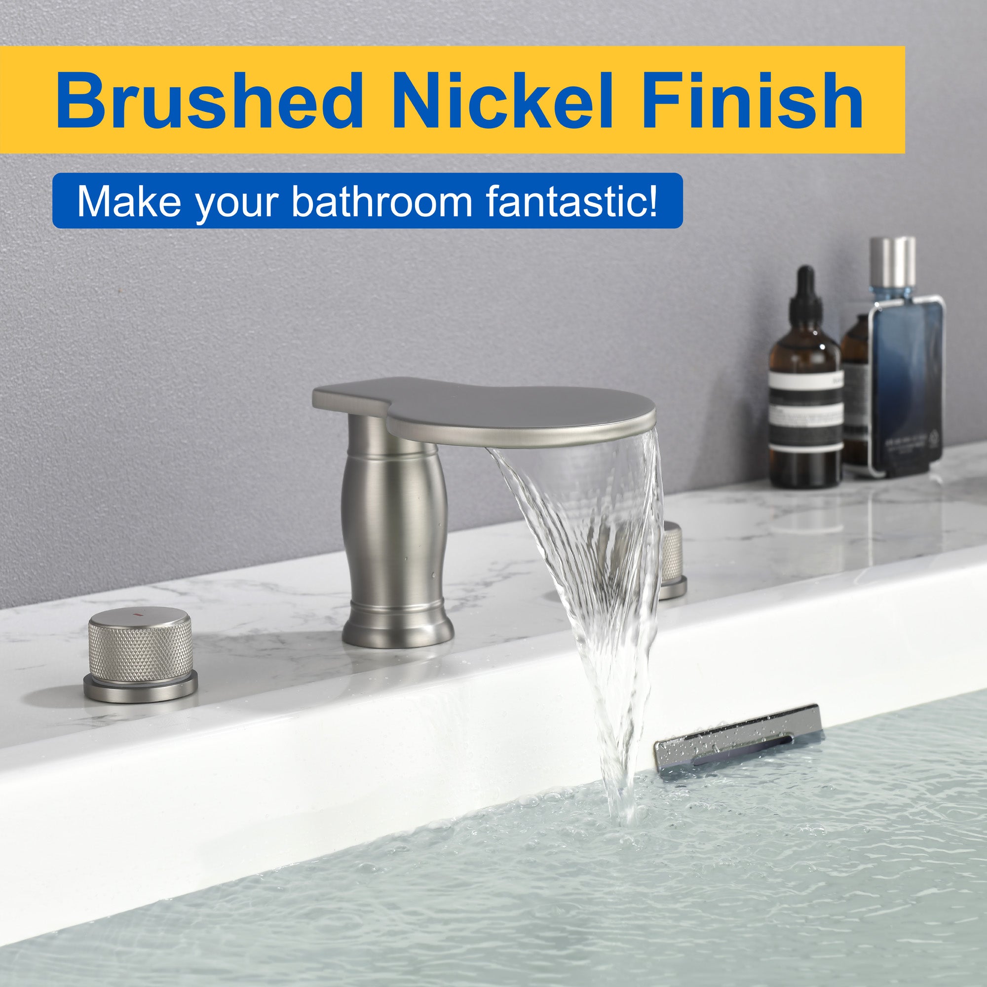 Waterfall Bathroom Tub Filler, Bathtub Faucet 3 Holes, Deck Mount Roman Tub Faucet