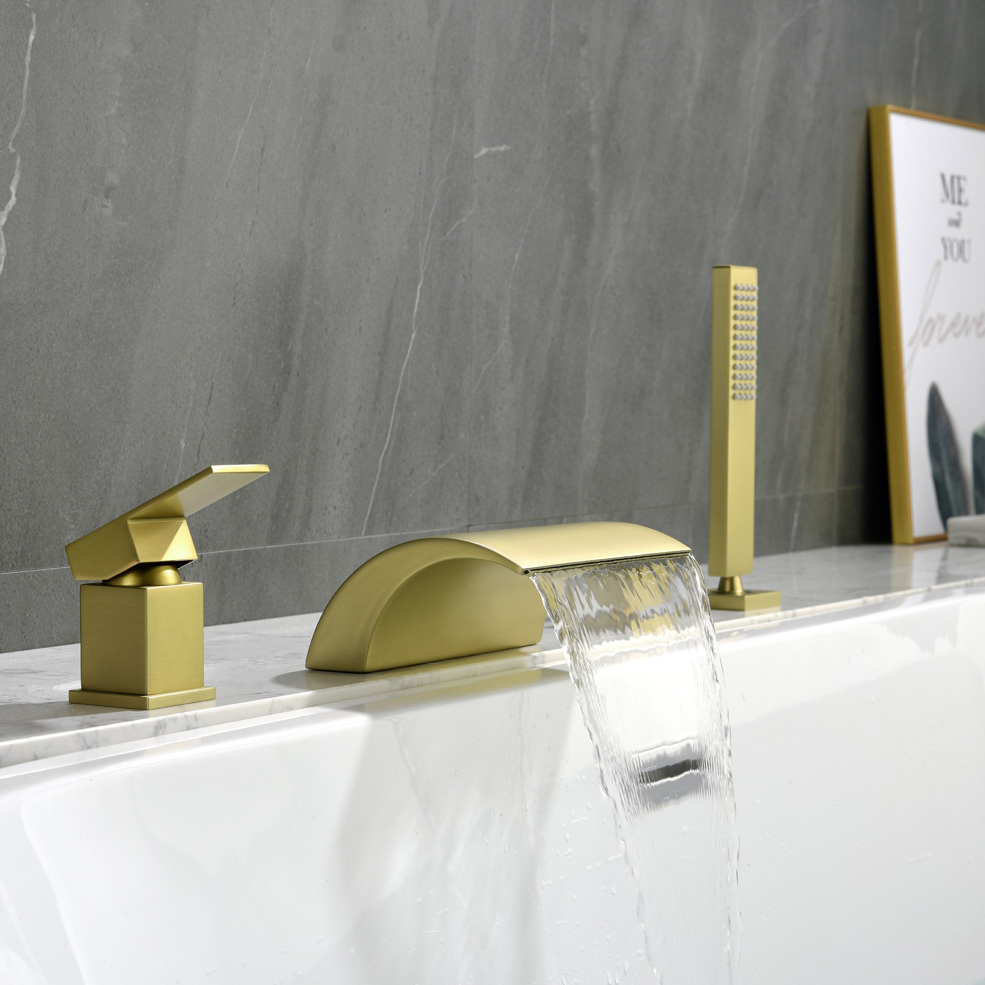 Waterfall Roman Tub Faucet with Sprayer Deck Mount Tub Filler with Hand Shower, Single Handle Bathtub Faucet Set