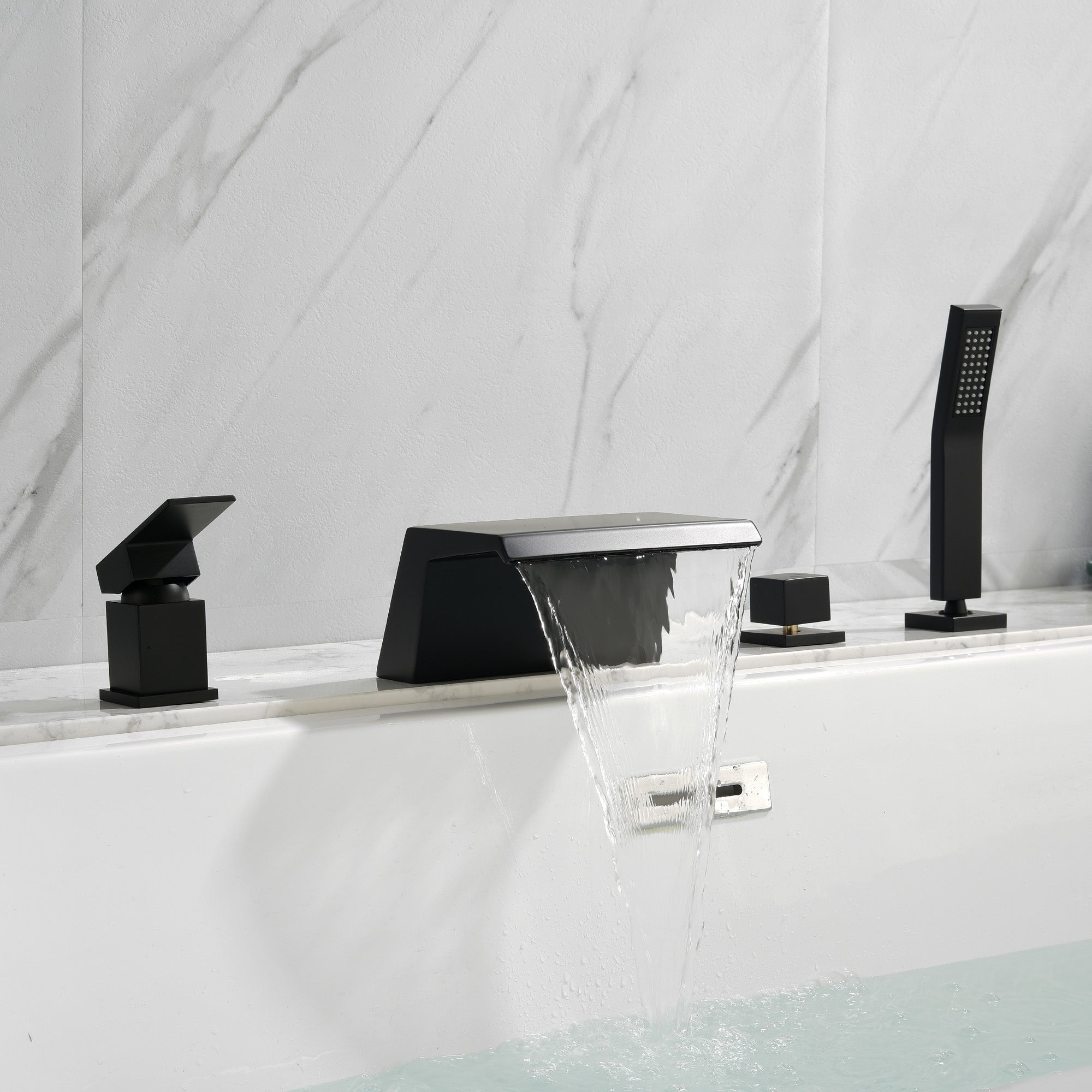 Waterfall Roman Tub Faucet with Sprayer Solid Brass Single Handle 4-Piece Deck Mounted Tub Filler