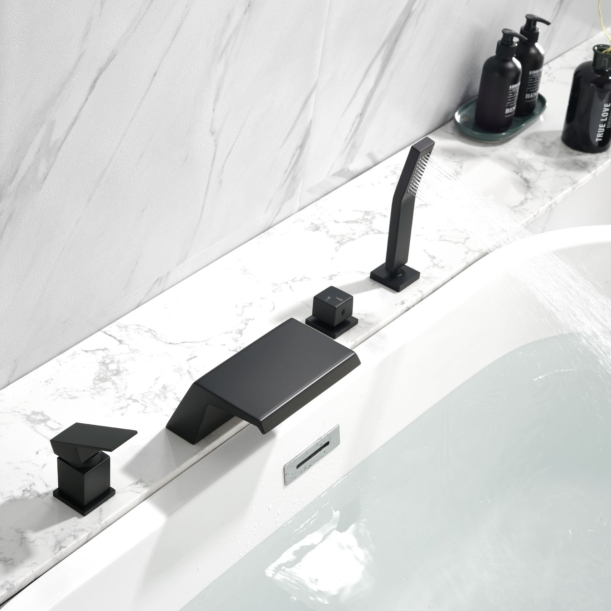 Waterfall Roman Tub Faucet with Sprayer Solid Brass Single Handle 4-Piece Deck Mounted Tub Filler