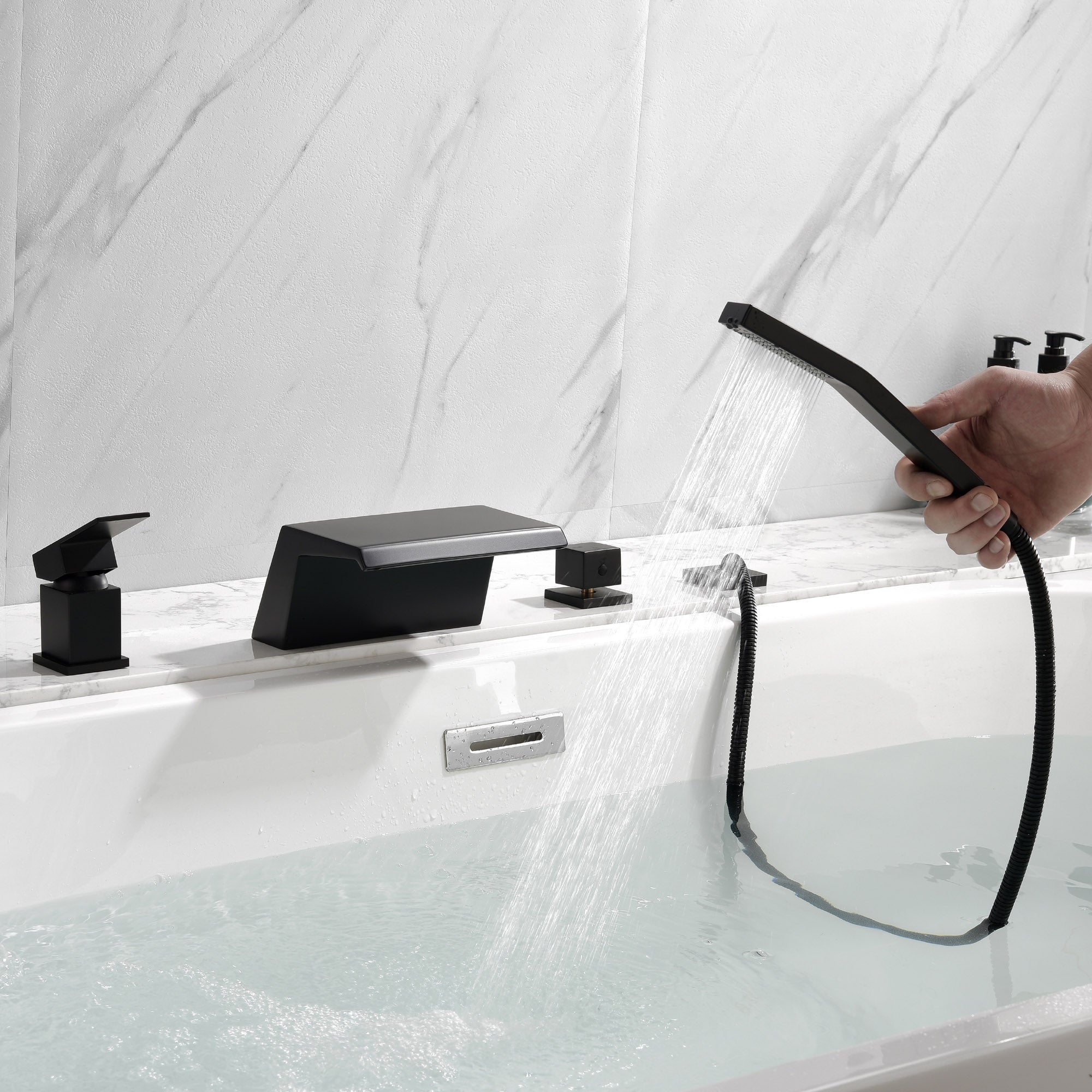 Waterfall Roman Tub Faucet with Sprayer Solid Brass Single Handle 4-Piece Deck Mounted Tub Filler