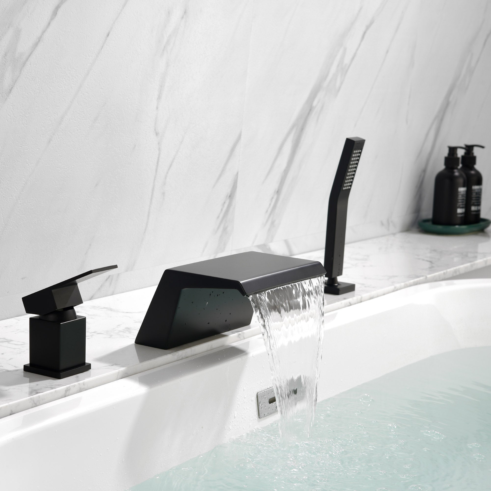 Waterfall Roman Tub Faucet with Sprayer Solid Brass Single Handle 4-Piece Deck Mounted Tub Filler