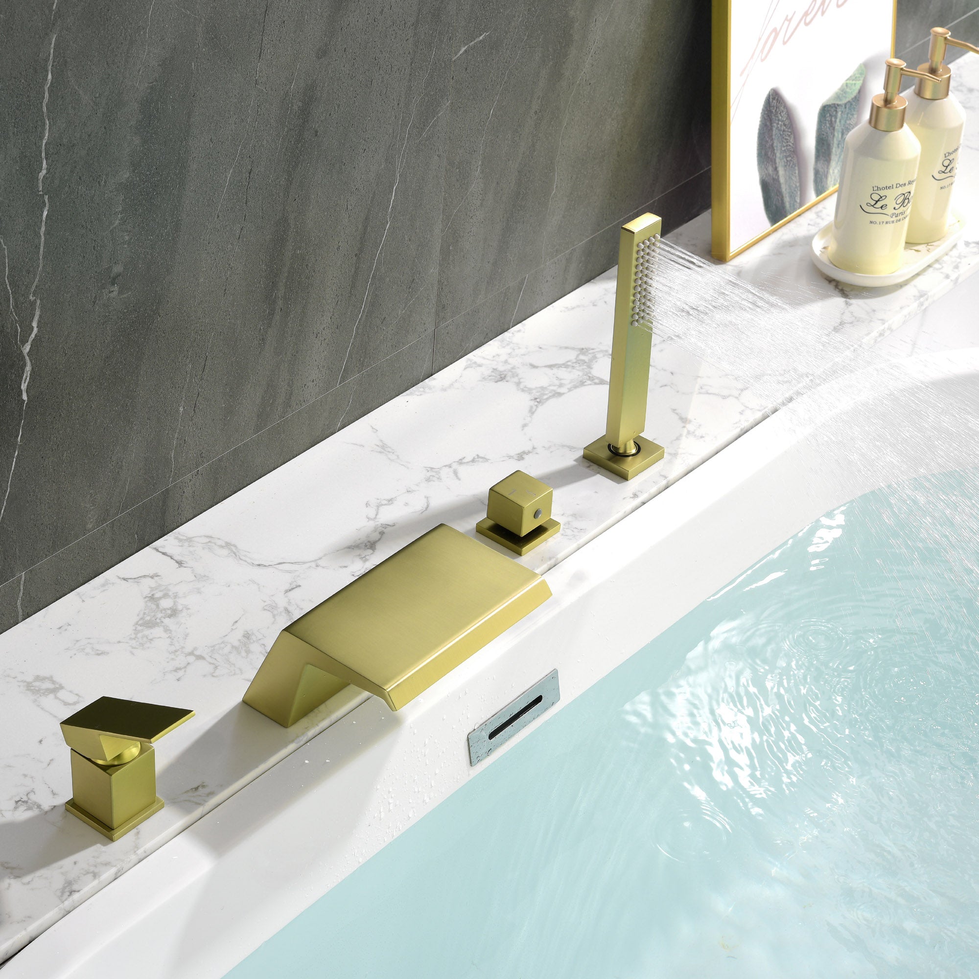 Waterfall Roman Tub Faucet with Sprayer Solid Brass Single Handle 4-Piece Deck Mounted Tub Filler