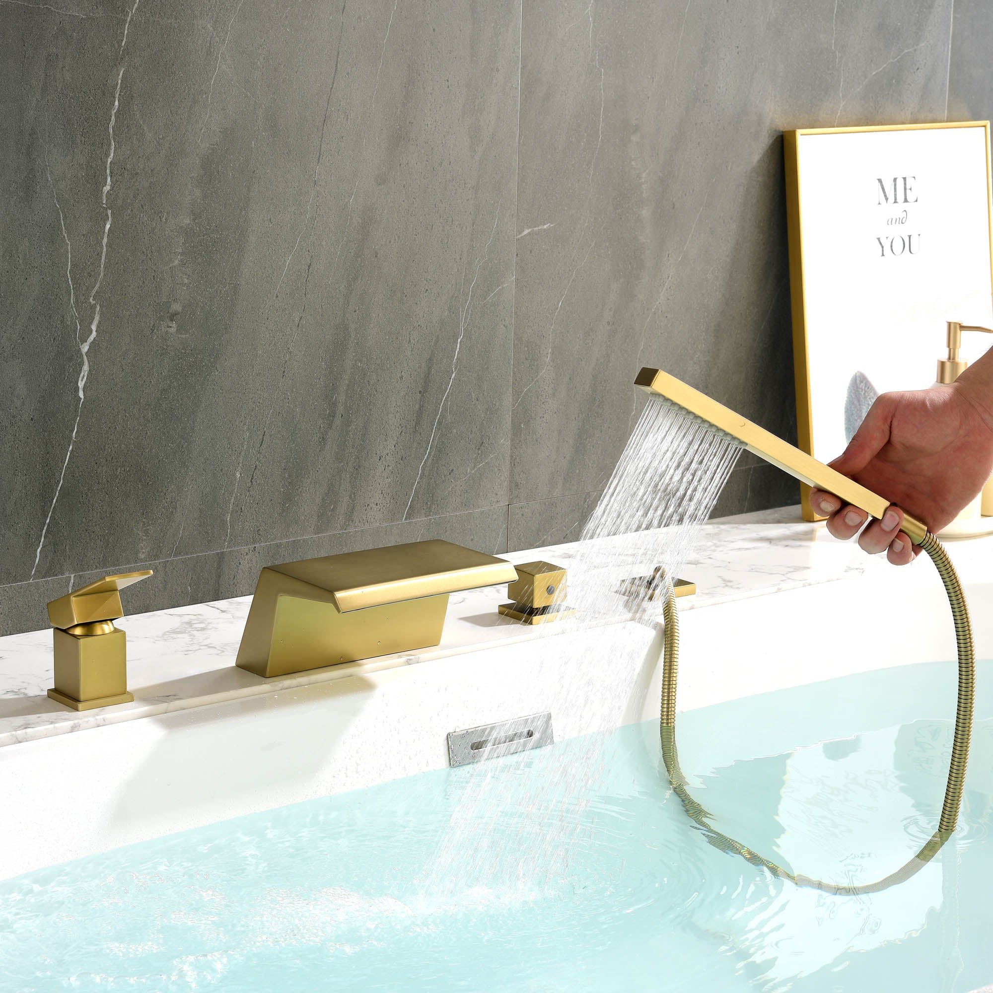 Waterfall Roman Tub Faucet with Sprayer Solid Brass Single Handle 4-Piece Deck Mounted Tub Filler