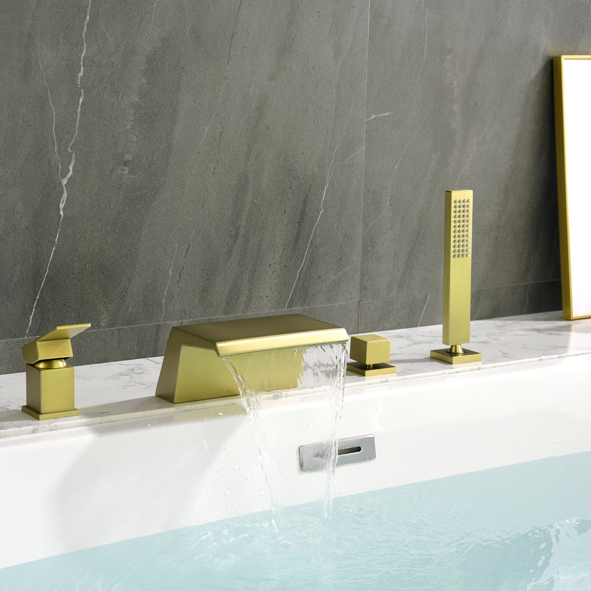 Waterfall Roman Tub Faucet with Sprayer Solid Brass Single Handle 4-Piece Deck Mounted Tub Filler