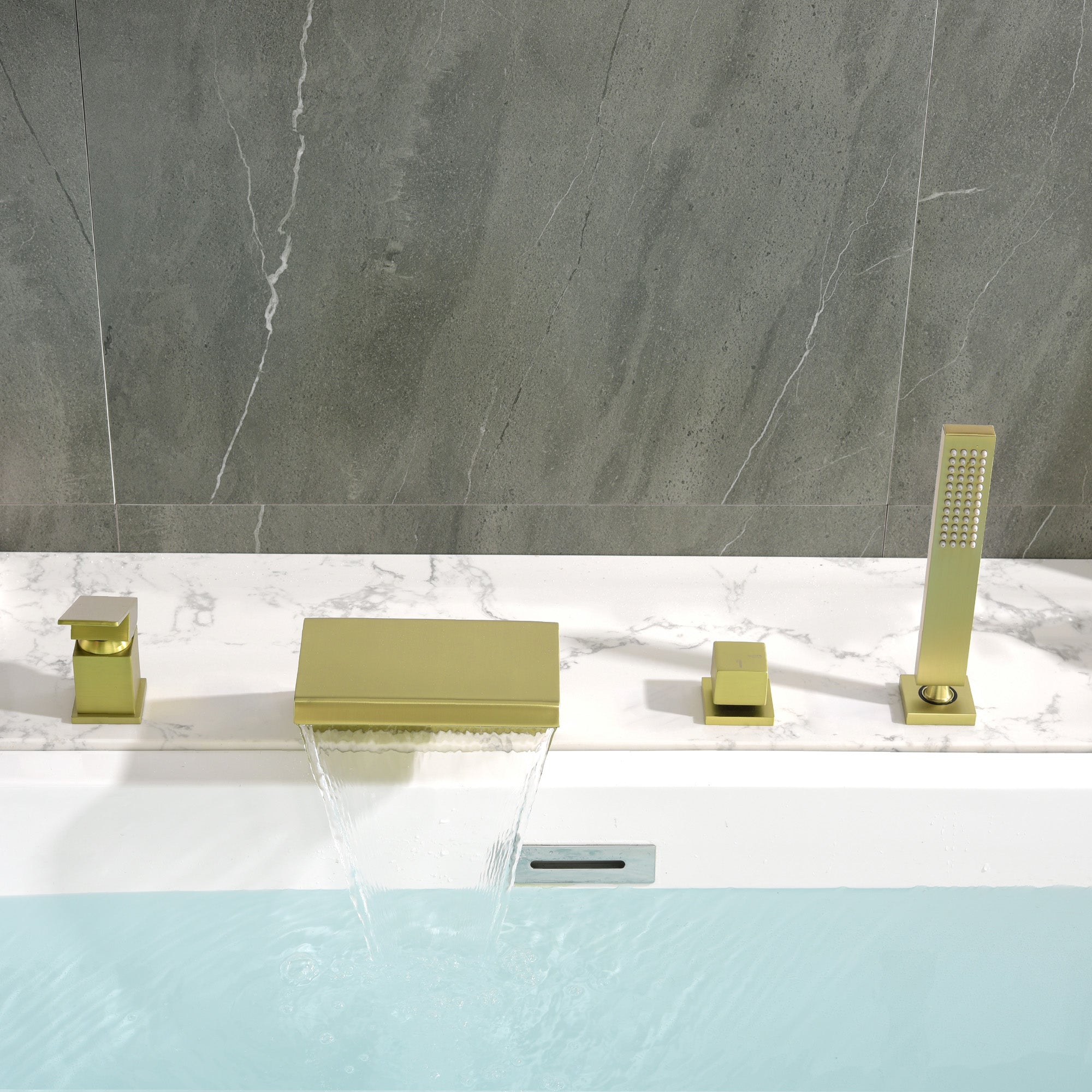 Waterfall Roman Tub Faucet with Sprayer Solid Brass Single Handle 4-Piece Deck Mounted Tub Filler
