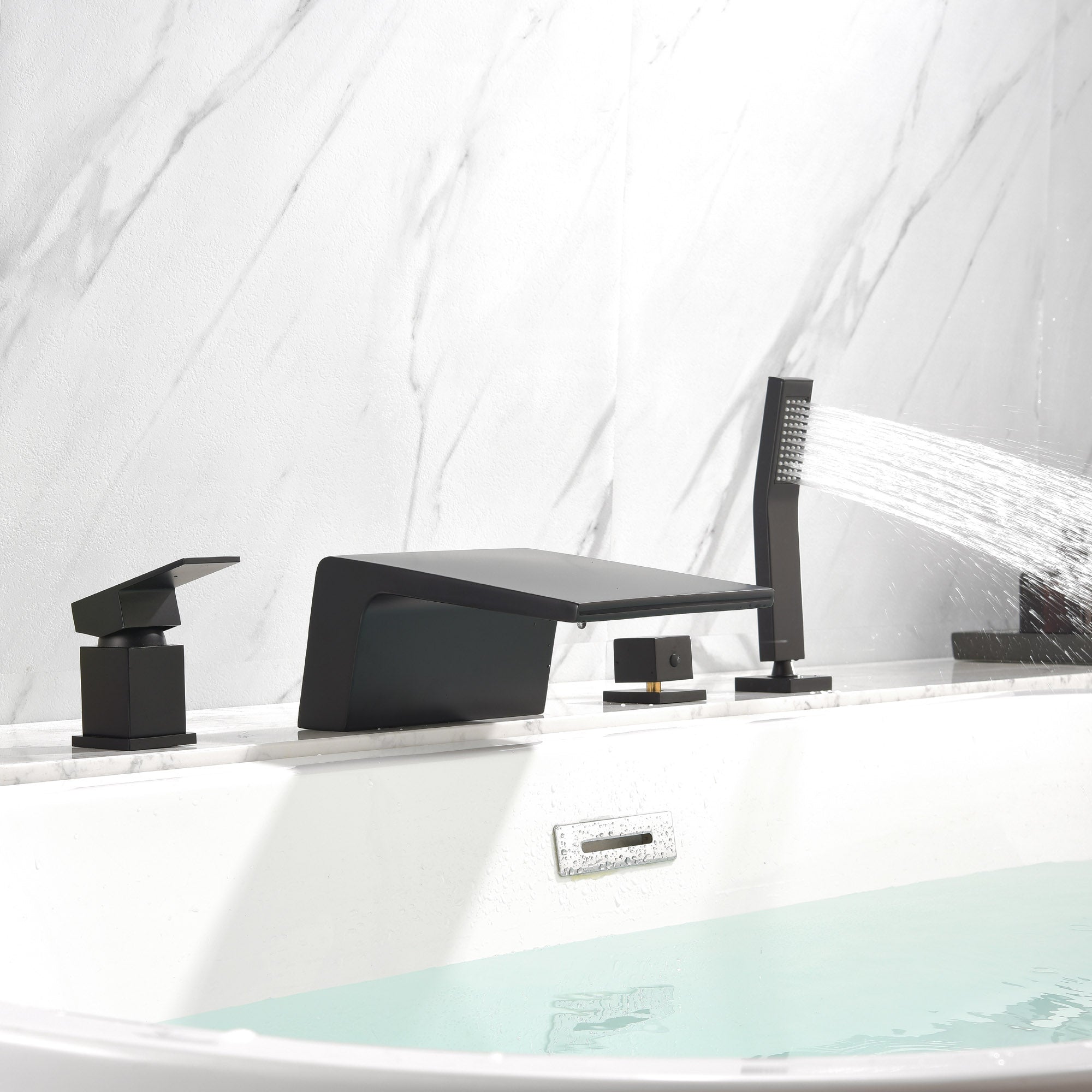 Deck Mount Roman Tub Faucet with Sprayer Waterfall Tub Filler with Hand Shower, Single Handle Bathtub Faucet Set with Handheld Shower Head, Valve and Trim Included