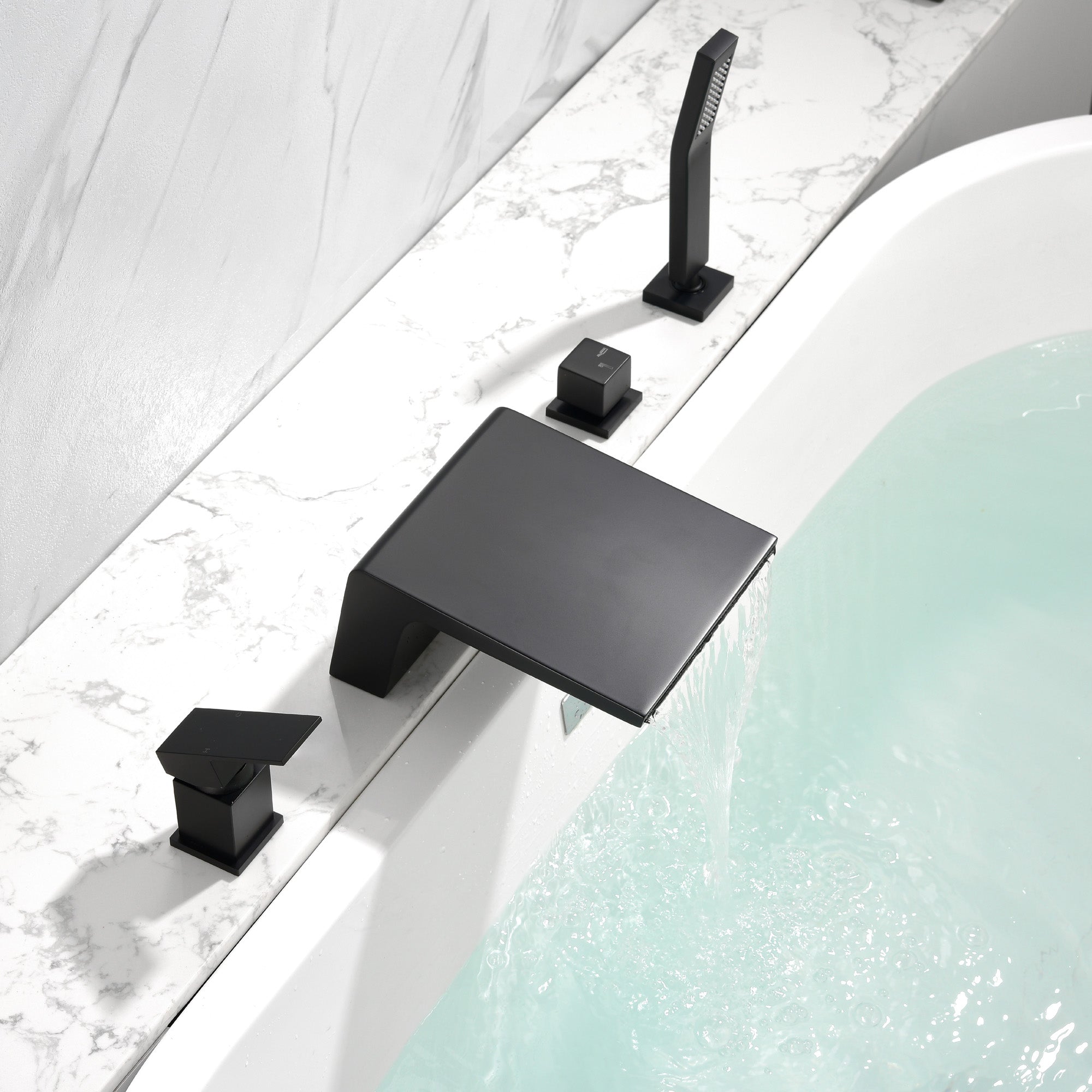 Deck Mount Roman Tub Faucet with Sprayer Waterfall Tub Filler with Hand Shower, Single Handle Bathtub Faucet Set with Handheld Shower Head, Valve and Trim Included