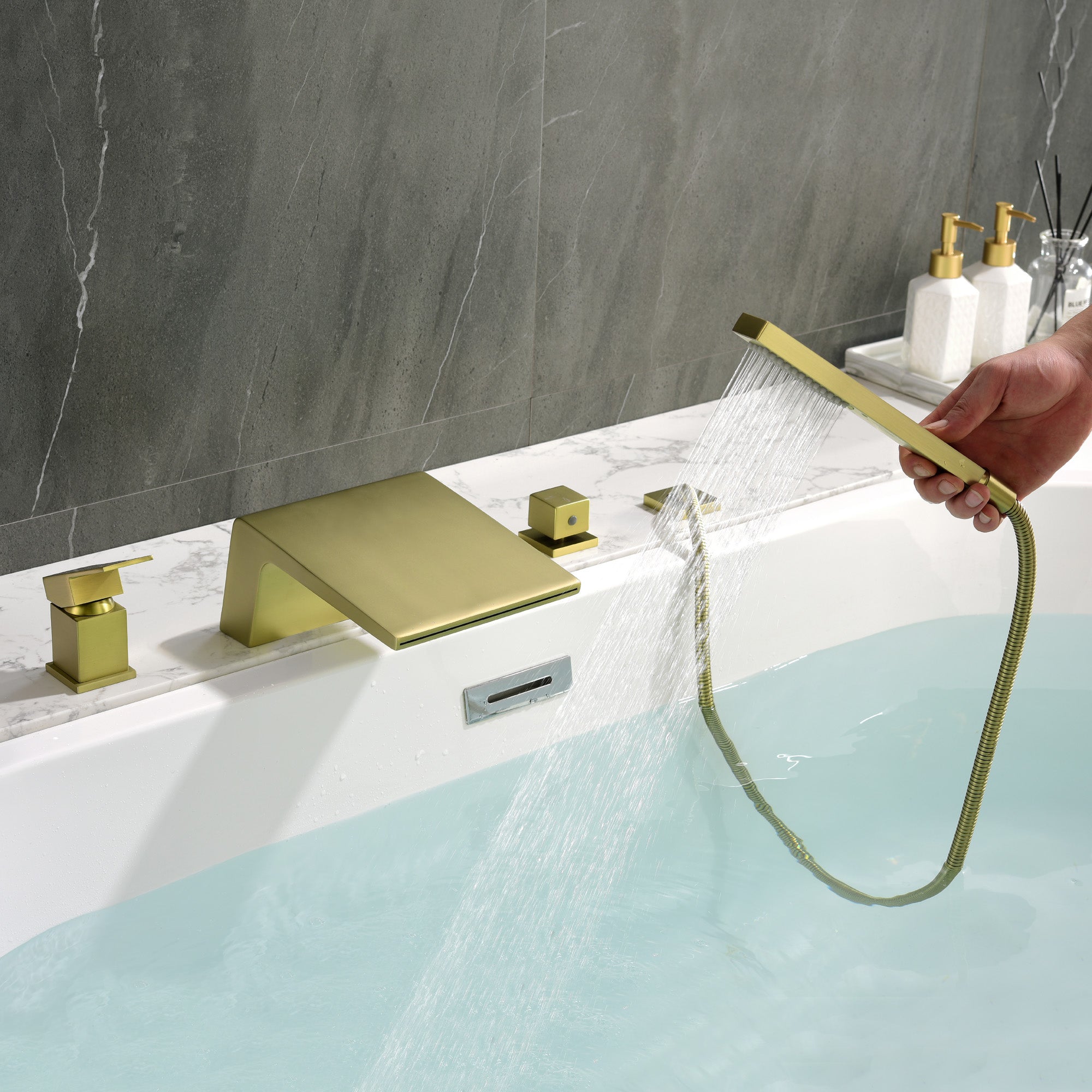 Deck Mount Roman Tub Faucet with Sprayer Waterfall Tub Filler with Hand Shower, Single Handle Bathtub Faucet Set with Handheld Shower Head, Valve and Trim Included