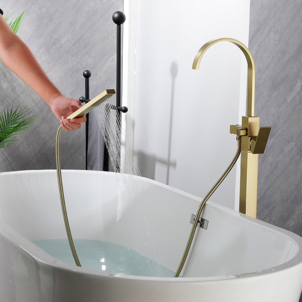 Single Handle Floor Mounted Free Standing Bathtub Faucet Tub Filler Faucet with Handshower