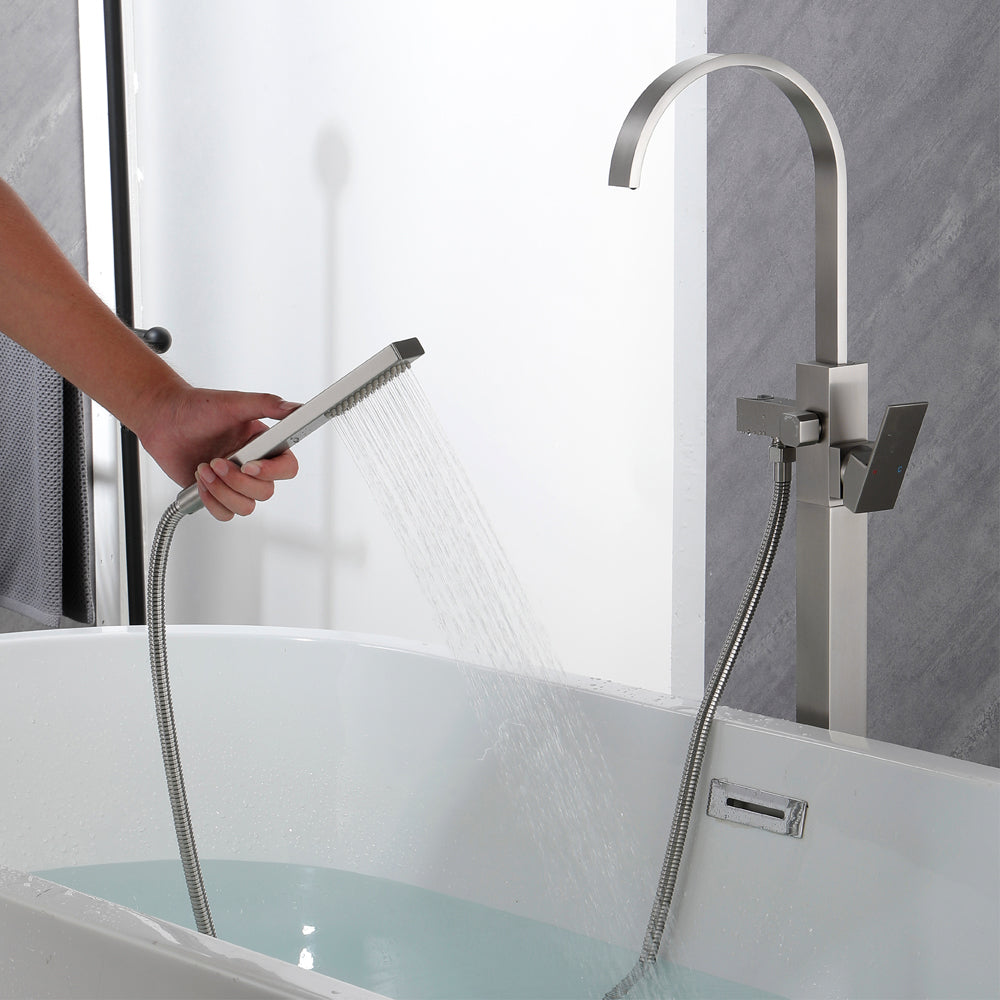Single Handle Floor Mounted Free Standing Bathtub Faucet Tub Filler Faucet with Handshower