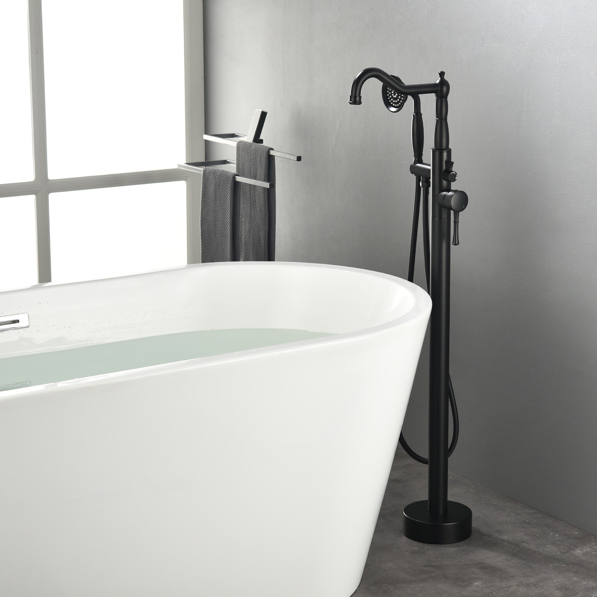 Freestanding Floor Mount Tub Filler with Handheld Shower Roman Bathtub Faucet by Finish, Swivel Spout with Brass Rough-in and Water Hose