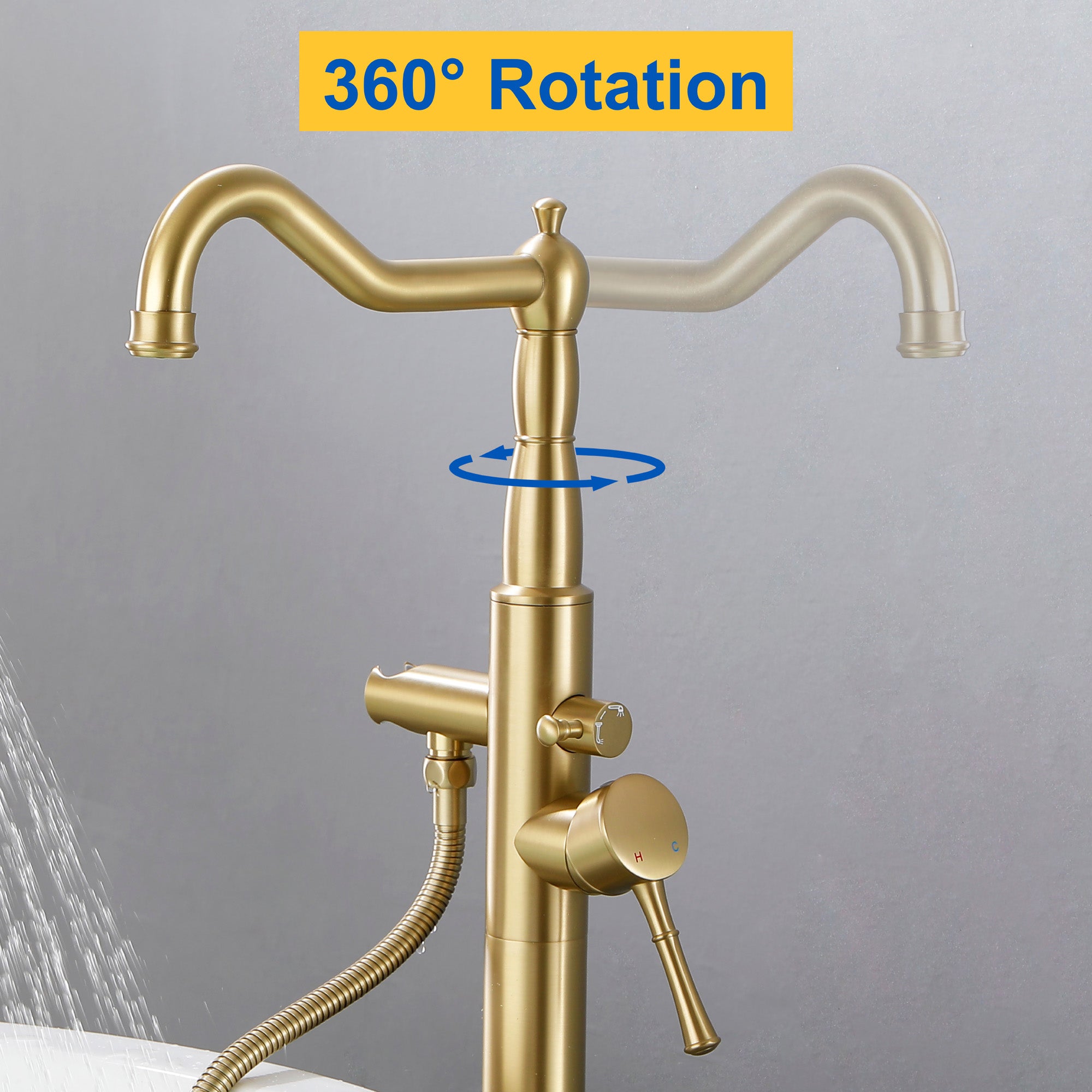 Freestanding Floor Mount Tub Filler with Handheld Shower Roman Bathtub Faucet by Finish, Swivel Spout with Brass Rough-in and Water Hose