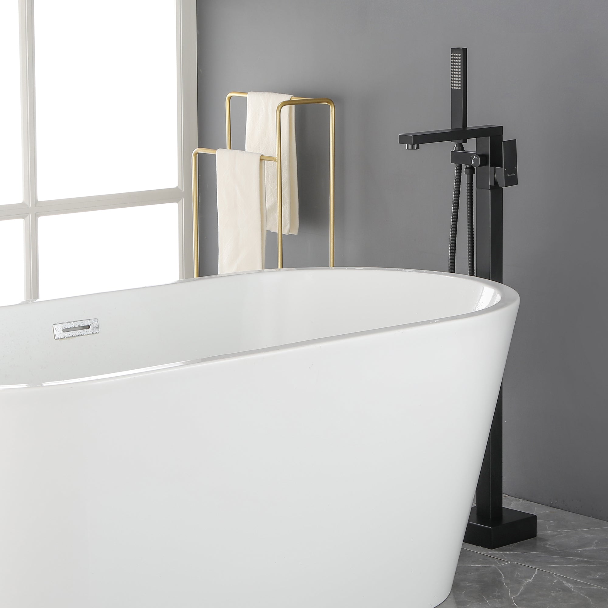 Luxury Freestanding Bathtub Faucet Single Handle Waterfall Tub Filler with Handheld Shower