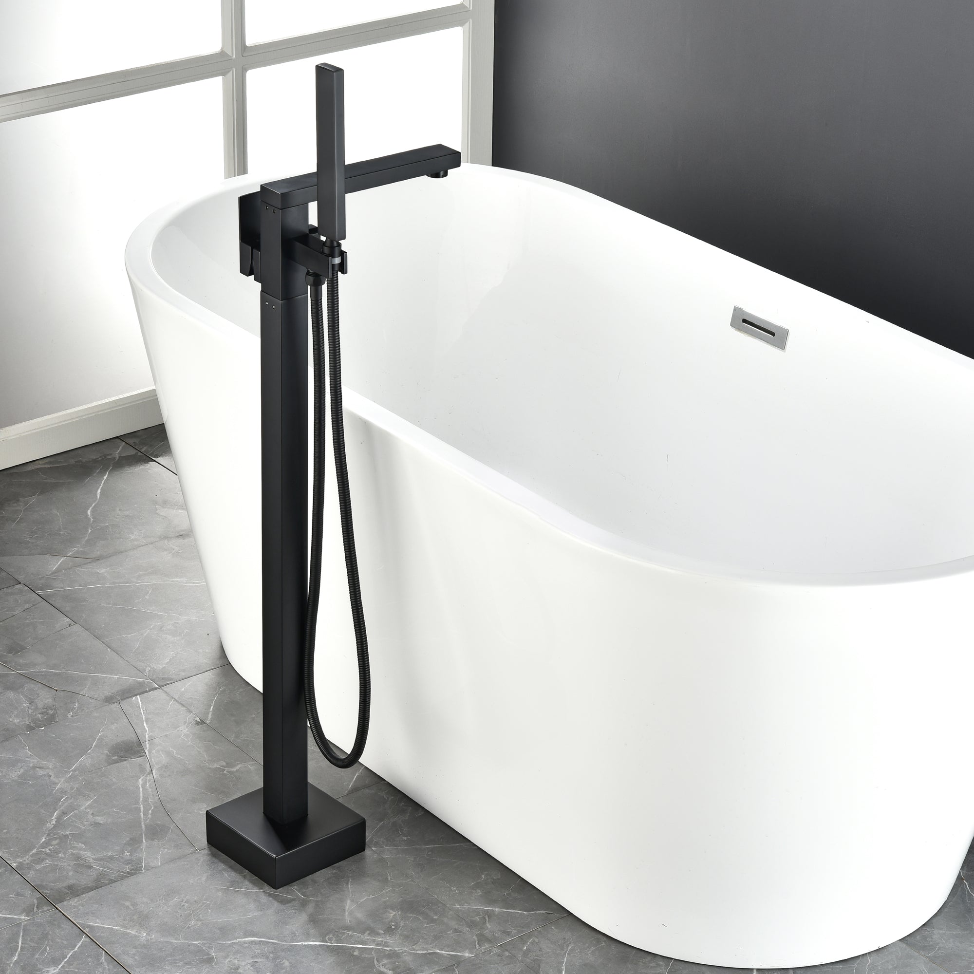 Luxury Freestanding Bathtub Faucet Single Handle Waterfall Tub Filler with Handheld Shower