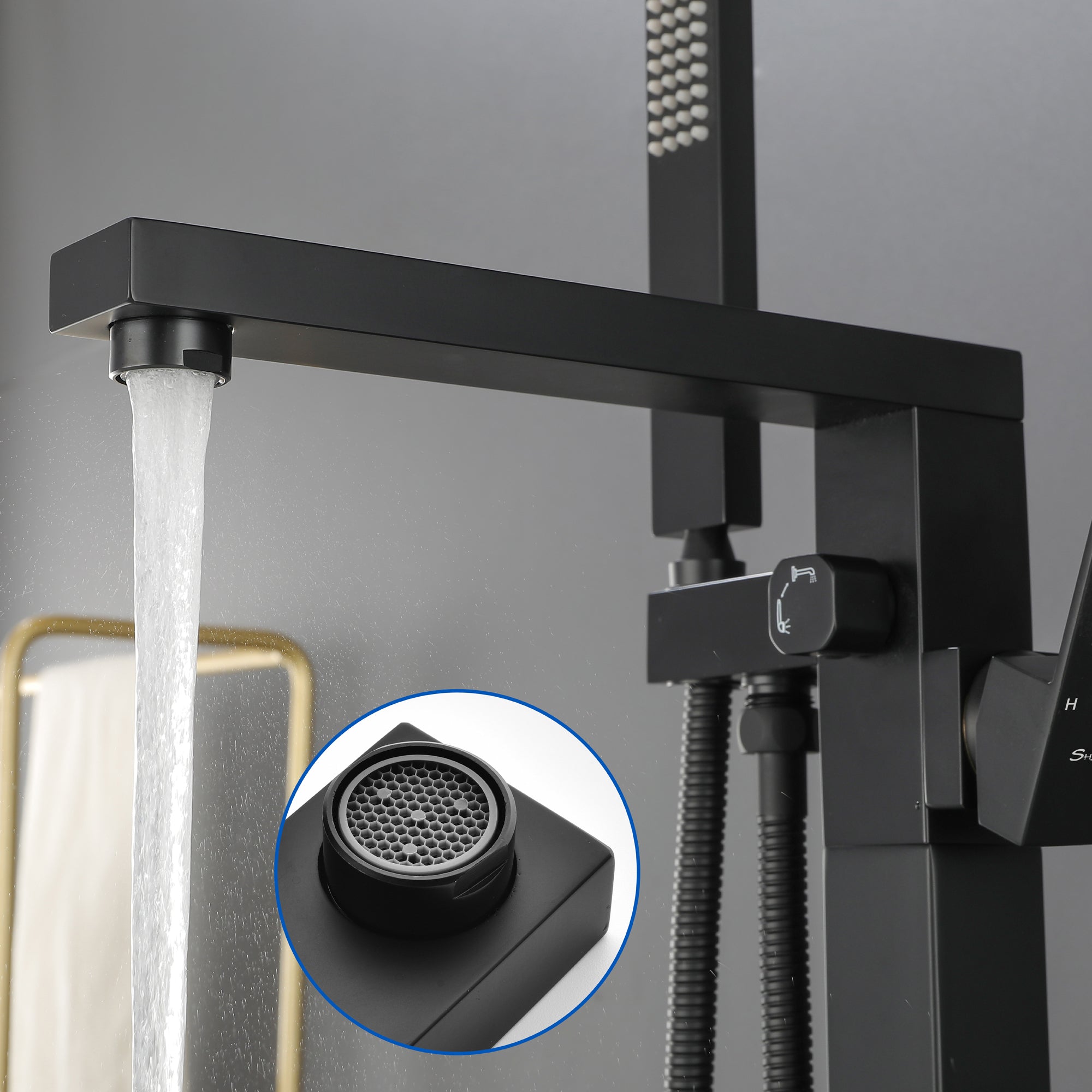 Luxury Freestanding Bathtub Faucet Single Handle Waterfall Tub Filler with Handheld Shower