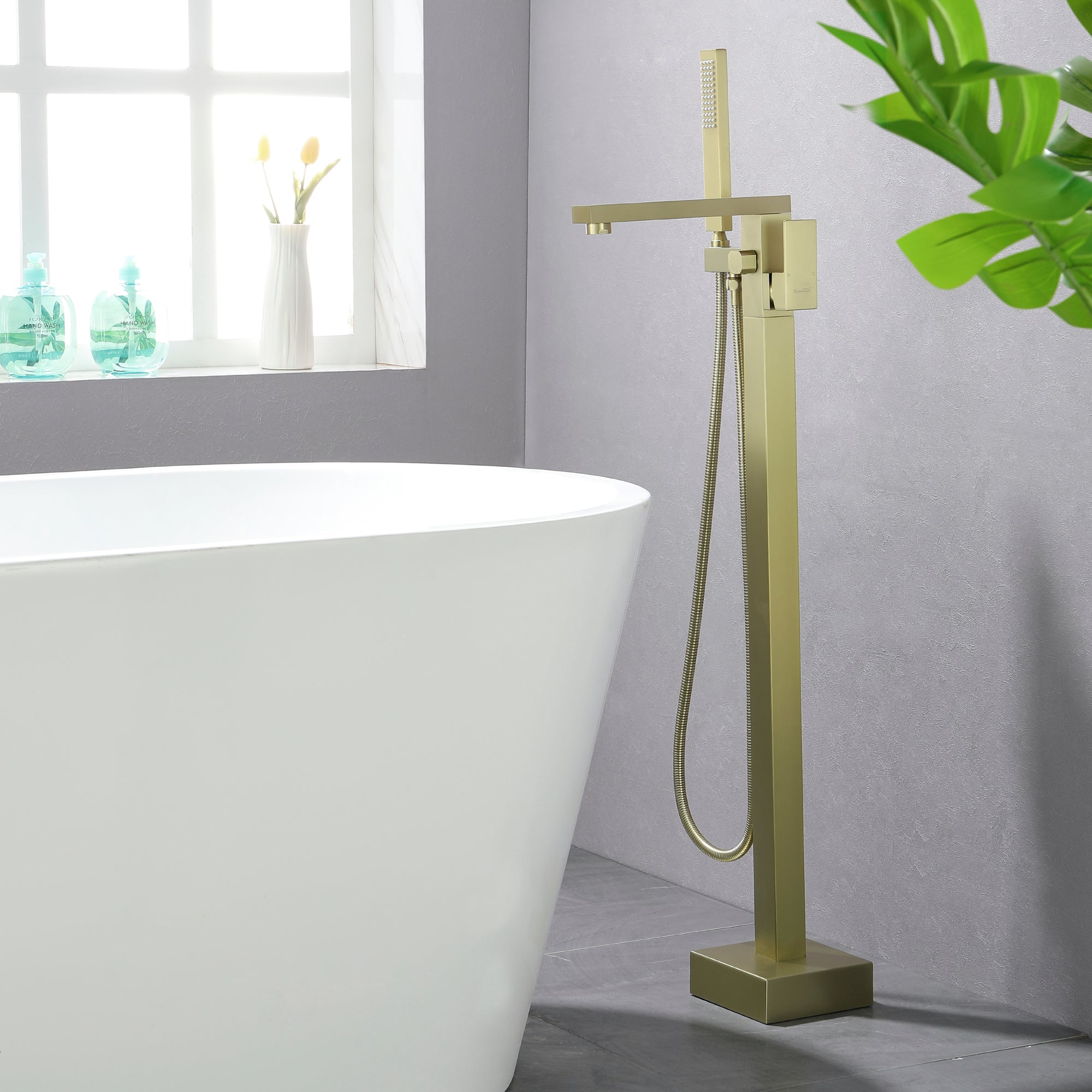 Luxury Freestanding Bathtub Faucet Single Handle Waterfall Tub Filler with Handheld Shower