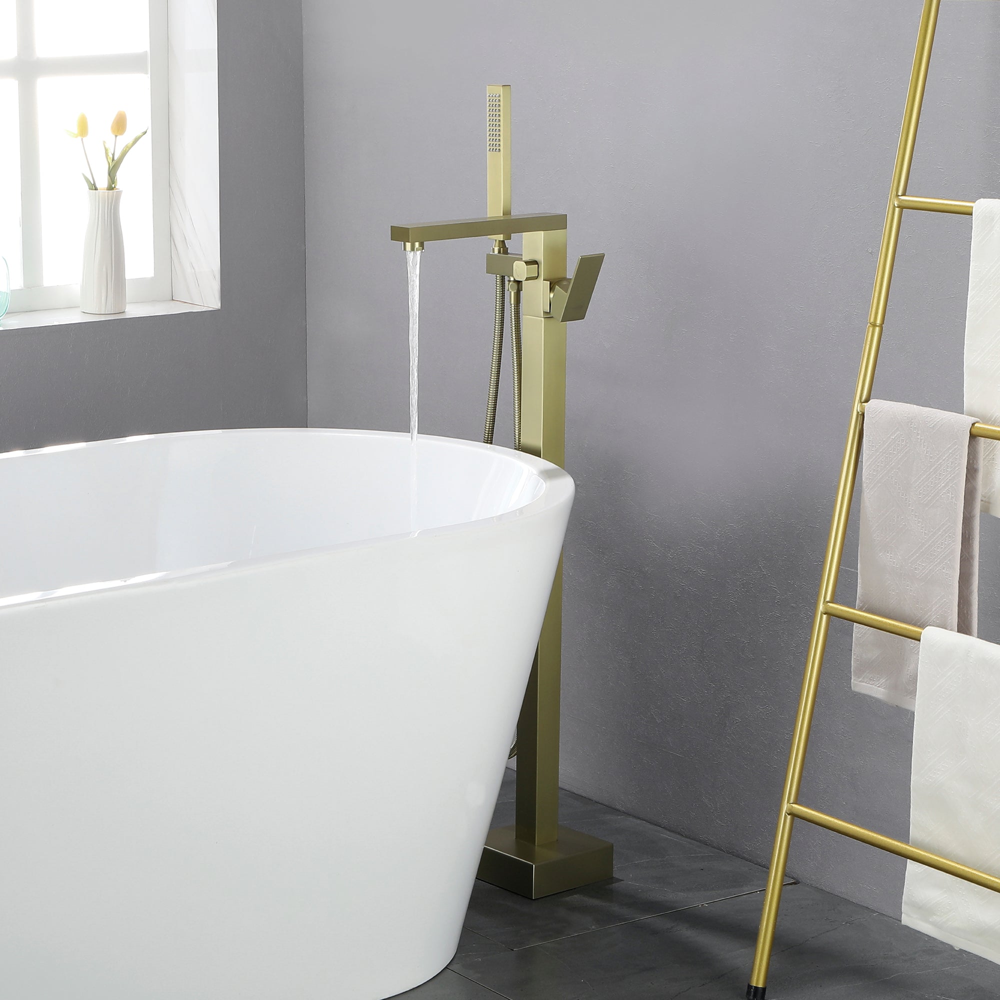 Luxury Freestanding Bathtub Faucet Single Handle Waterfall Tub Filler with Handheld Shower