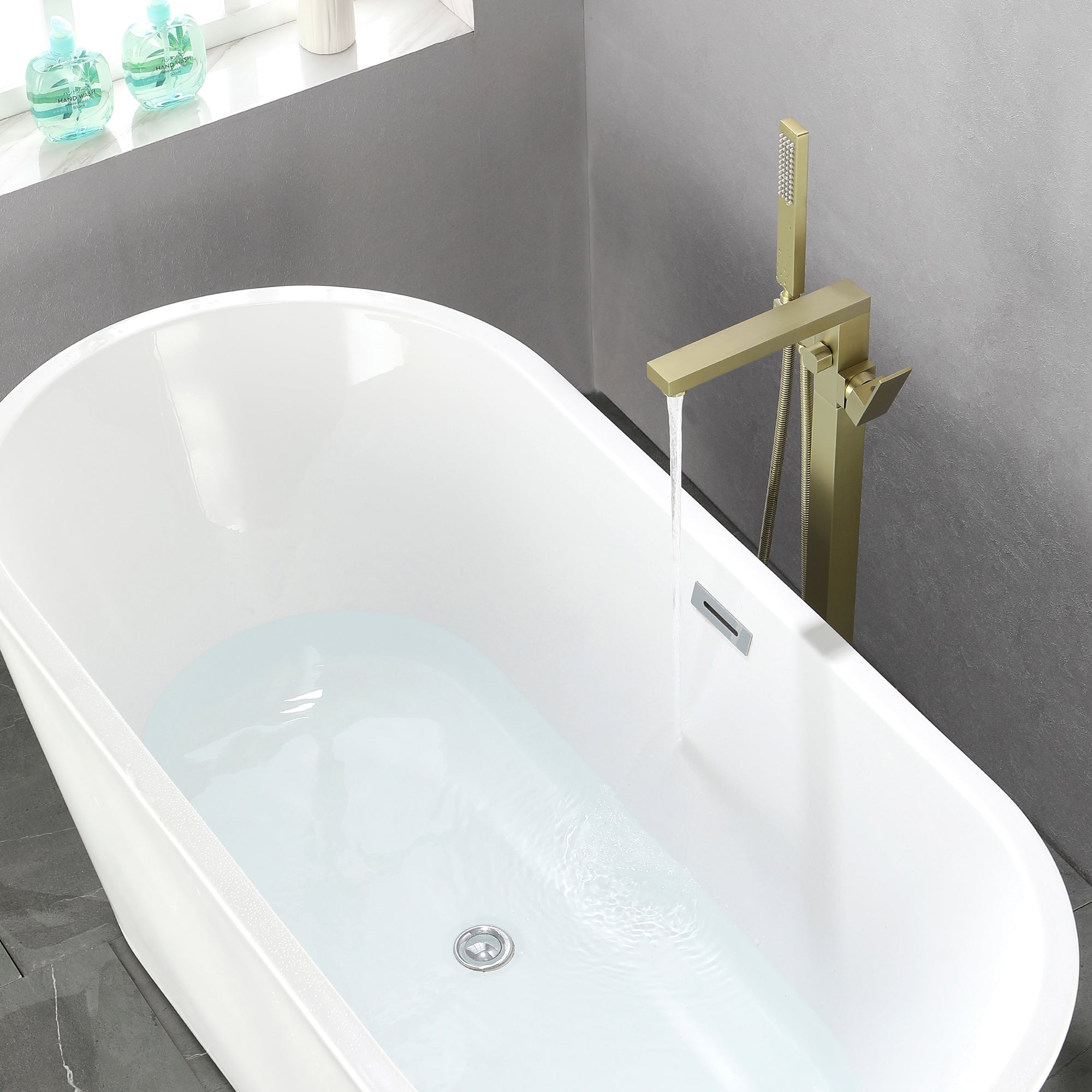 Luxury Freestanding Bathtub Faucet Single Handle Waterfall Tub Filler with Handheld Shower
